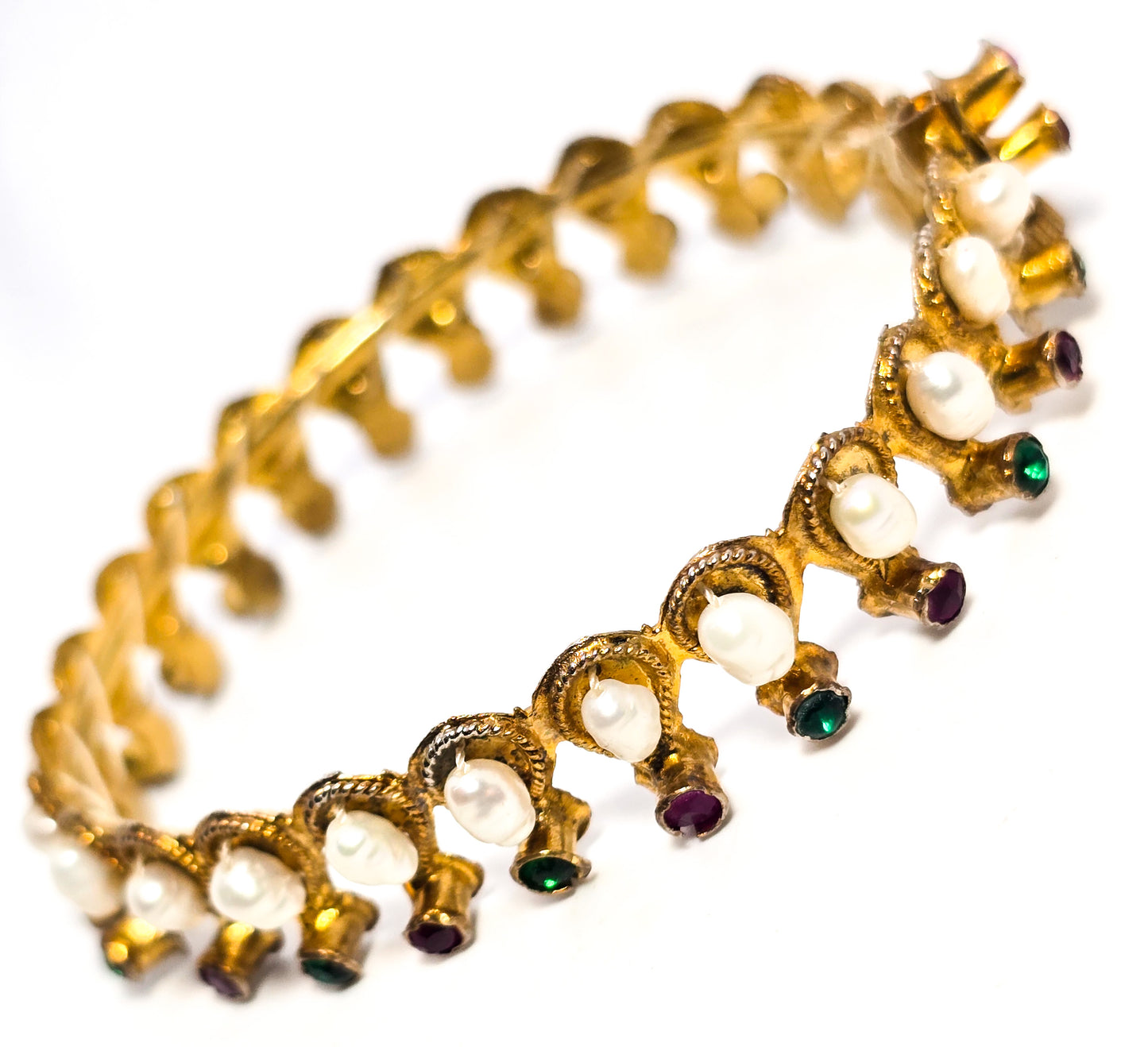 Pearl Ruby and synesthetic emerald gold plated Hindu Krishna Wedding bangle bracelet