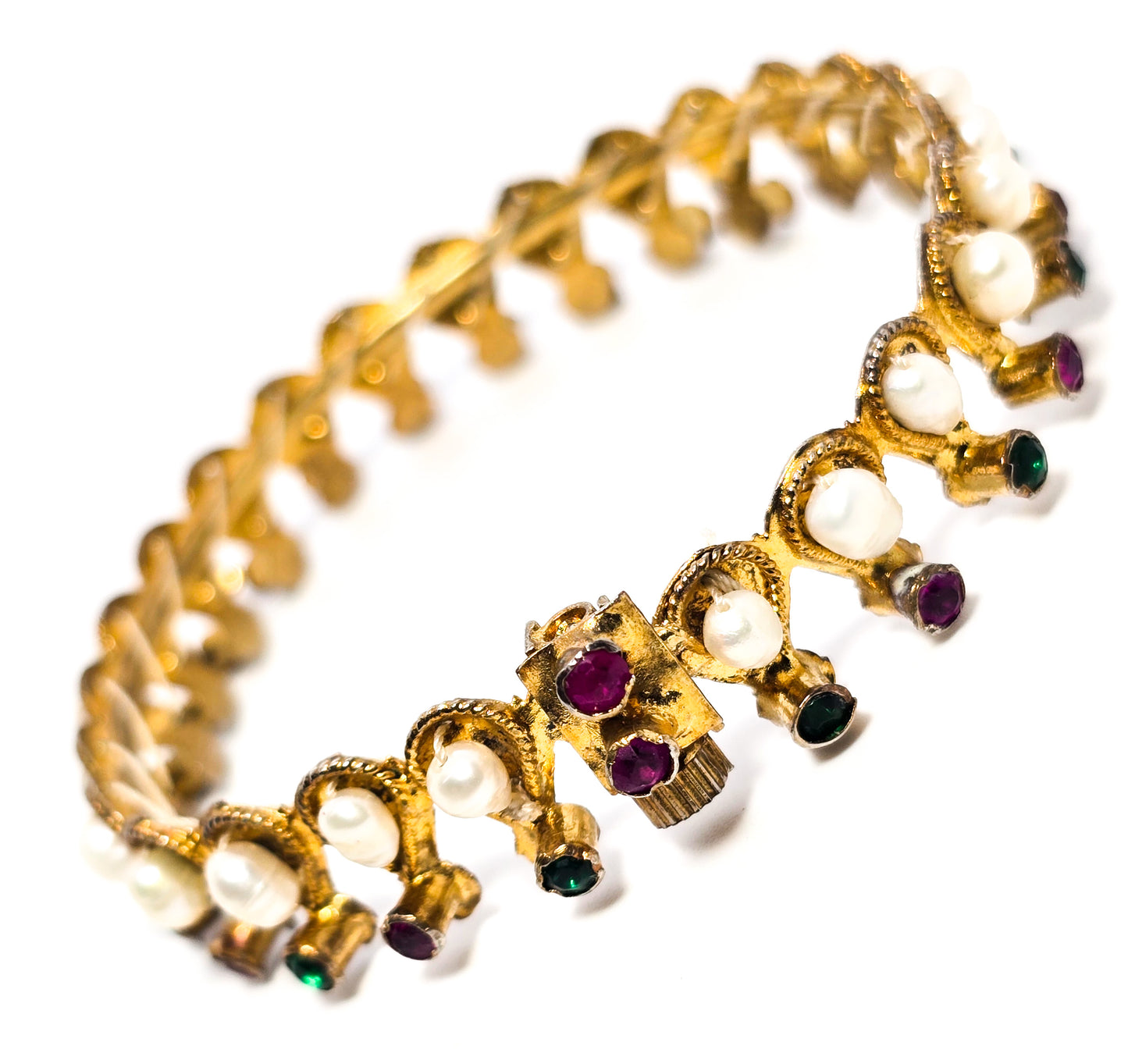 Pearl Ruby and synesthetic emerald gold plated Hindu Krishna Wedding bangle bracelet