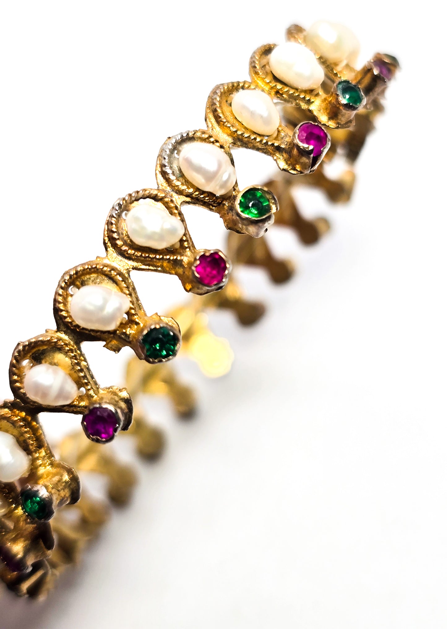 Pearl Ruby and synesthetic emerald gold plated Hindu Krishna Wedding bangle bracelet