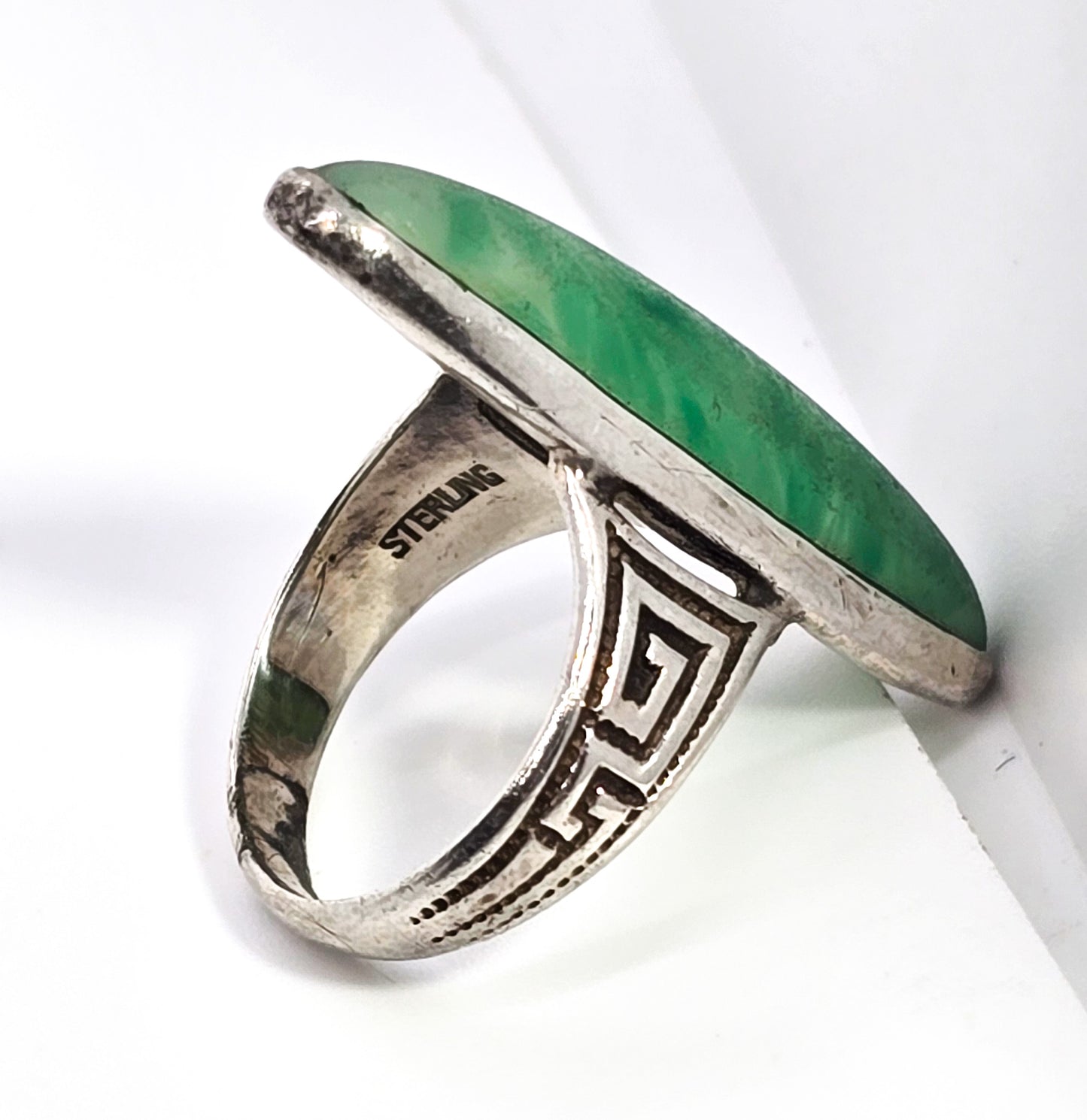 Art Deco Green Peking glass Greek Key vintage sterling silver ring size 4