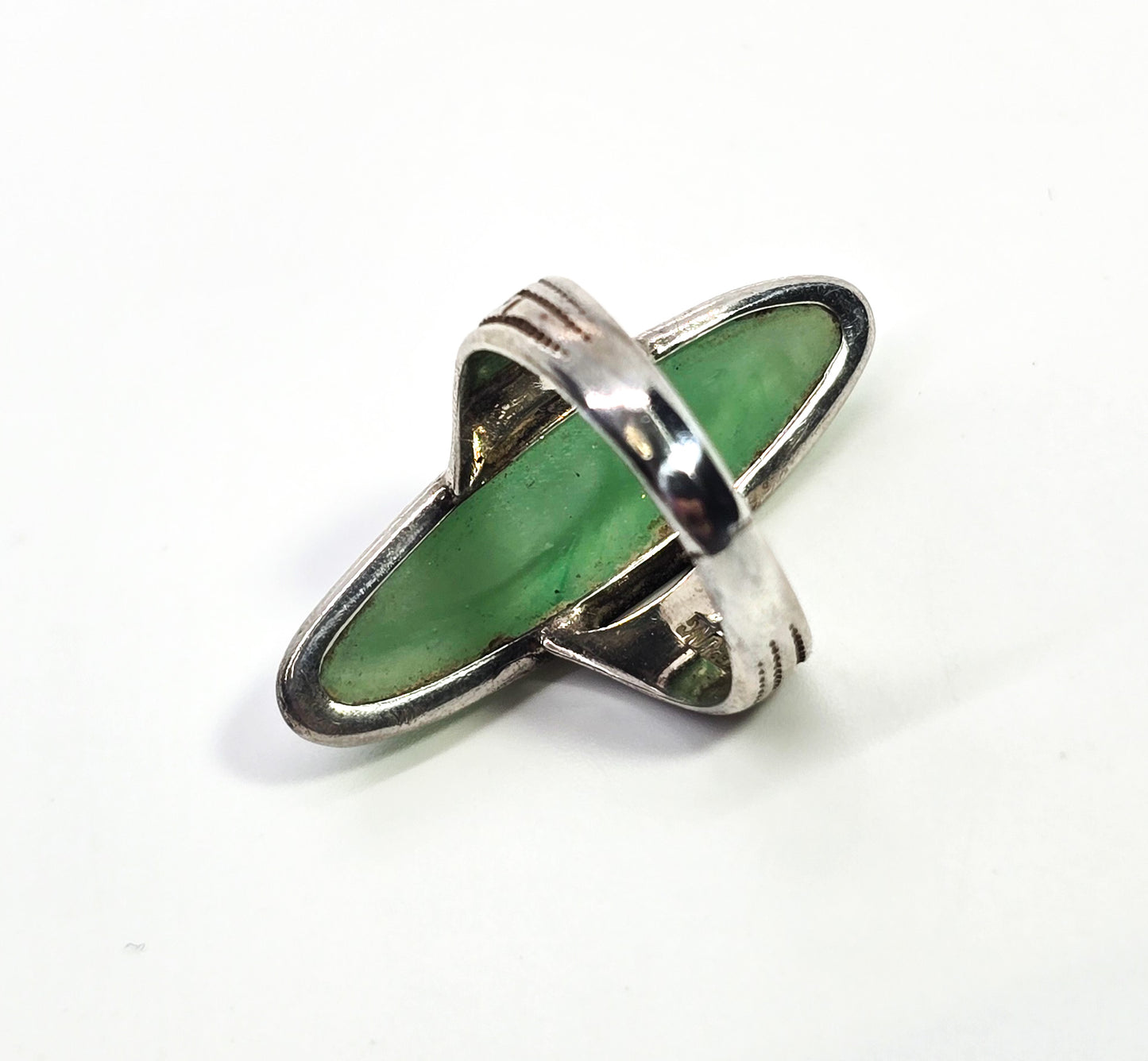 Art Deco Green Peking glass Greek Key vintage sterling silver ring size 4