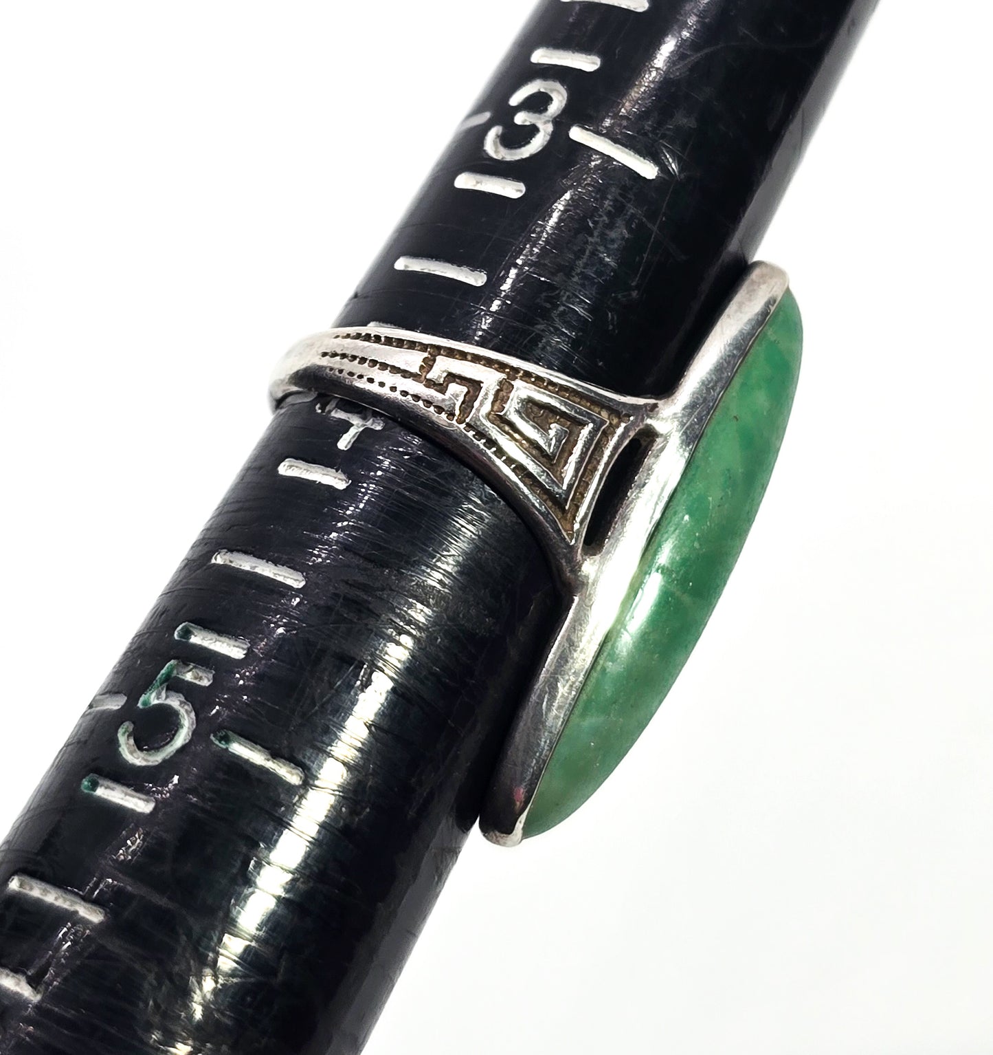 Art Deco Green Peking glass Greek Key vintage sterling silver ring size 4