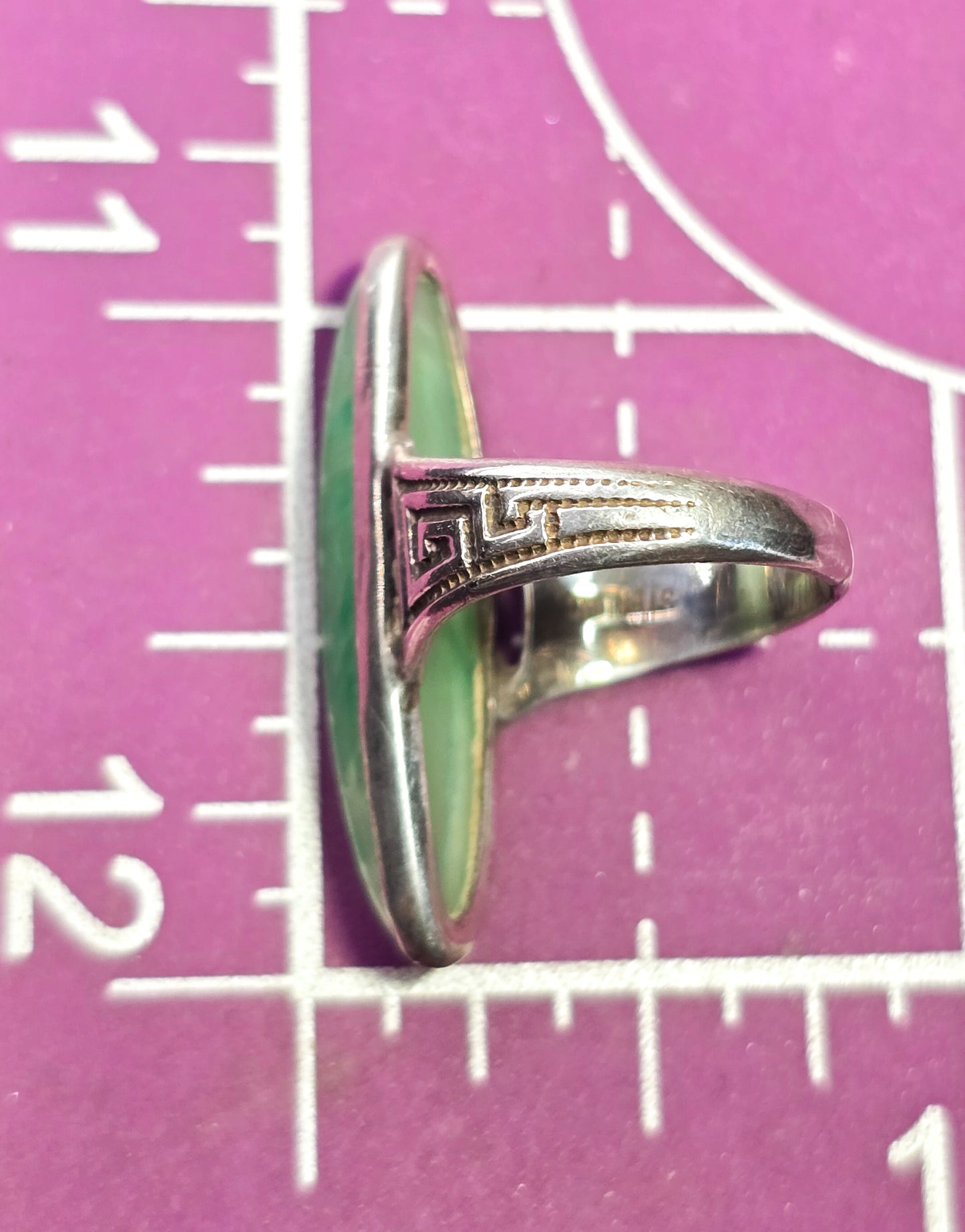 Art Deco Green Peking glass Greek Key vintage sterling silver ring size 4