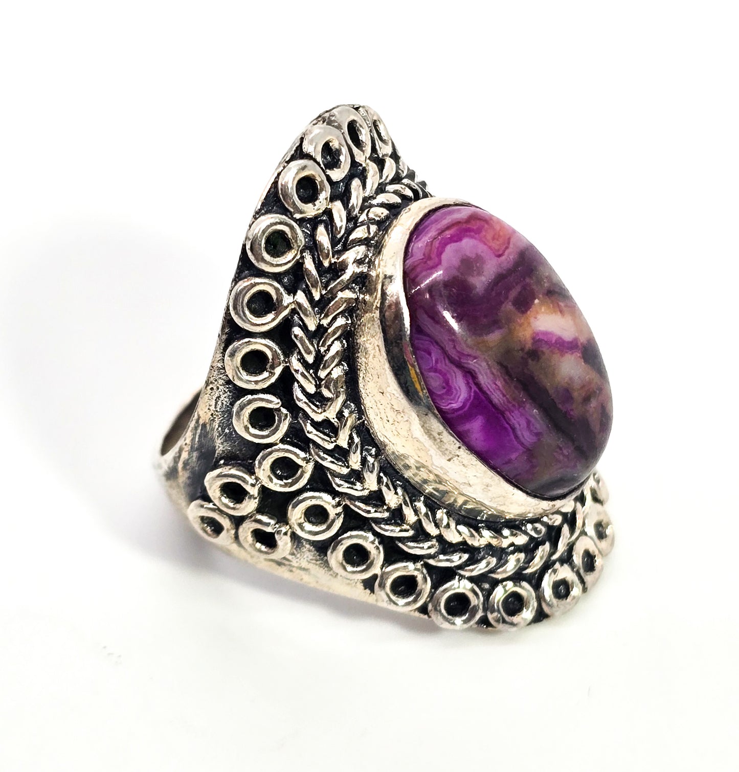 Purple Laguna Lace Agate Large Sterling silver statement ring size 9