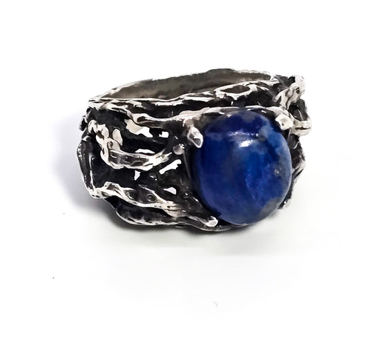 Brutalist crafted Lapis Lazuli vintage large sterling silver ring size 8