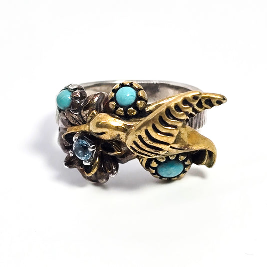 Relios Carolyn Pollak Humming bird turquoise blue topaz sterling silver brass ring size 8