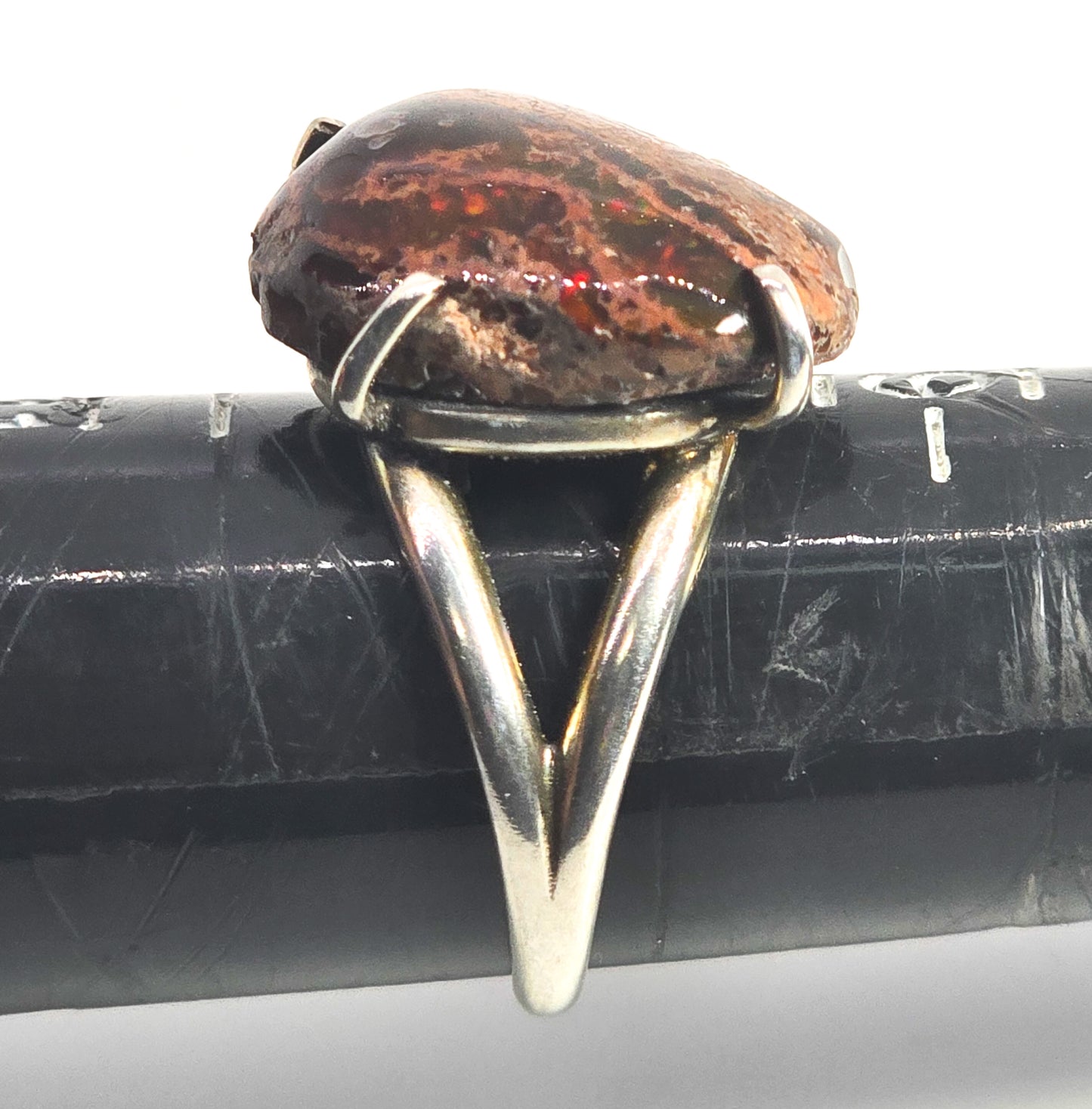 Mexican fire opal  natural polished sterling silver artisan split shank large ring size 10