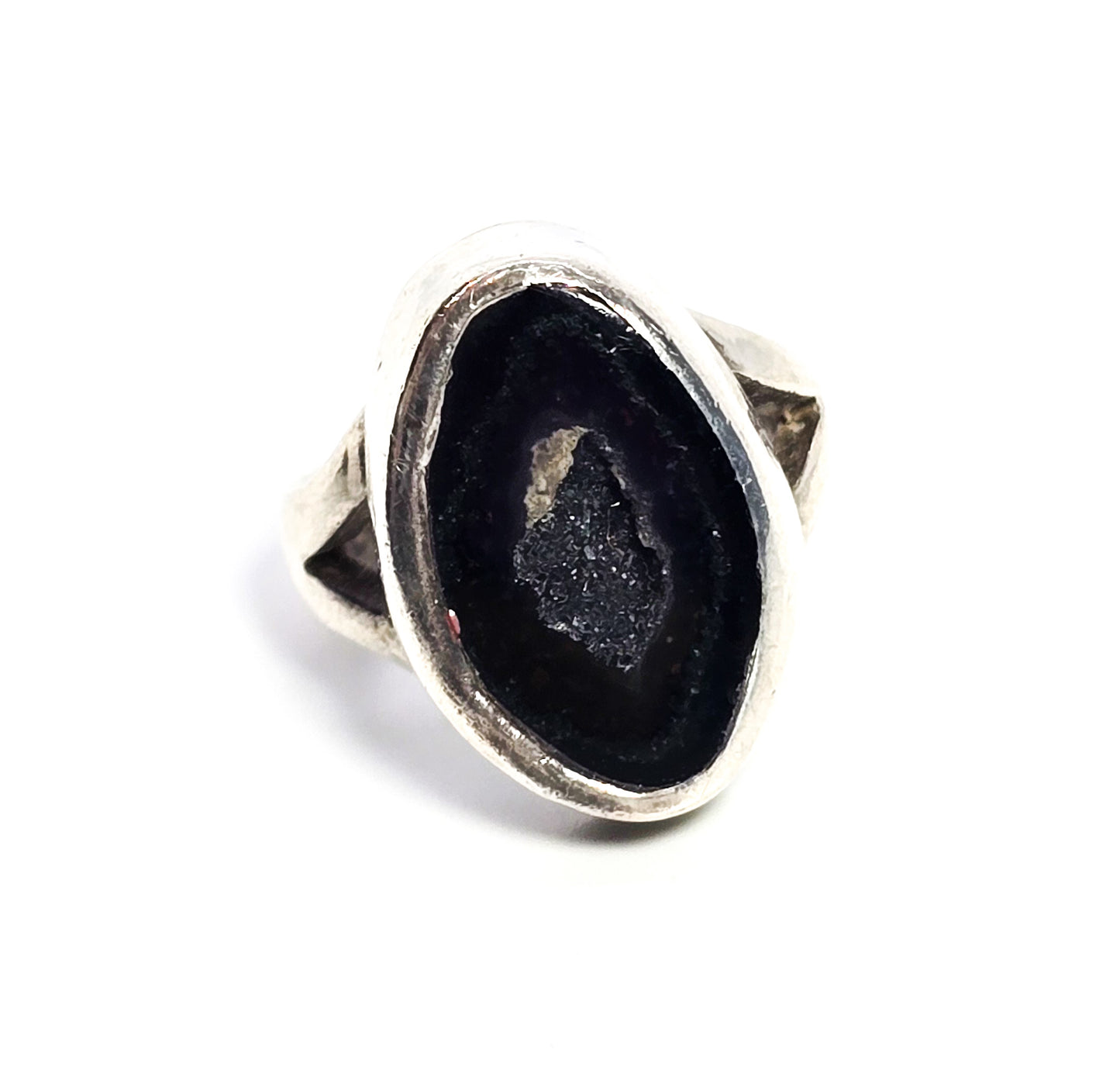 Tabasco geode black druzy red CVM vintage split shank sterling silver ring size 5