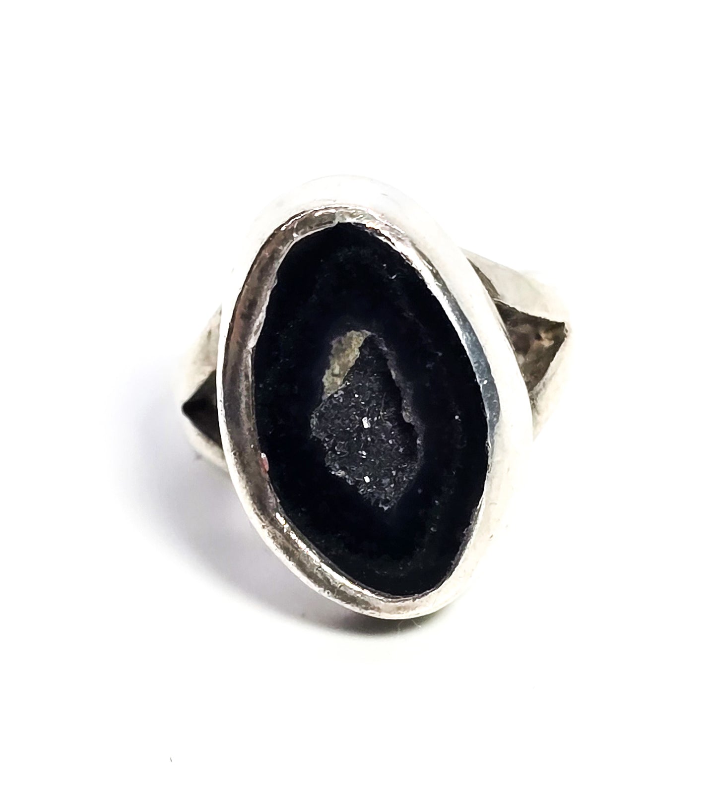 Tabasco geode black druzy red CVM vintage split shank sterling silver ring size 5