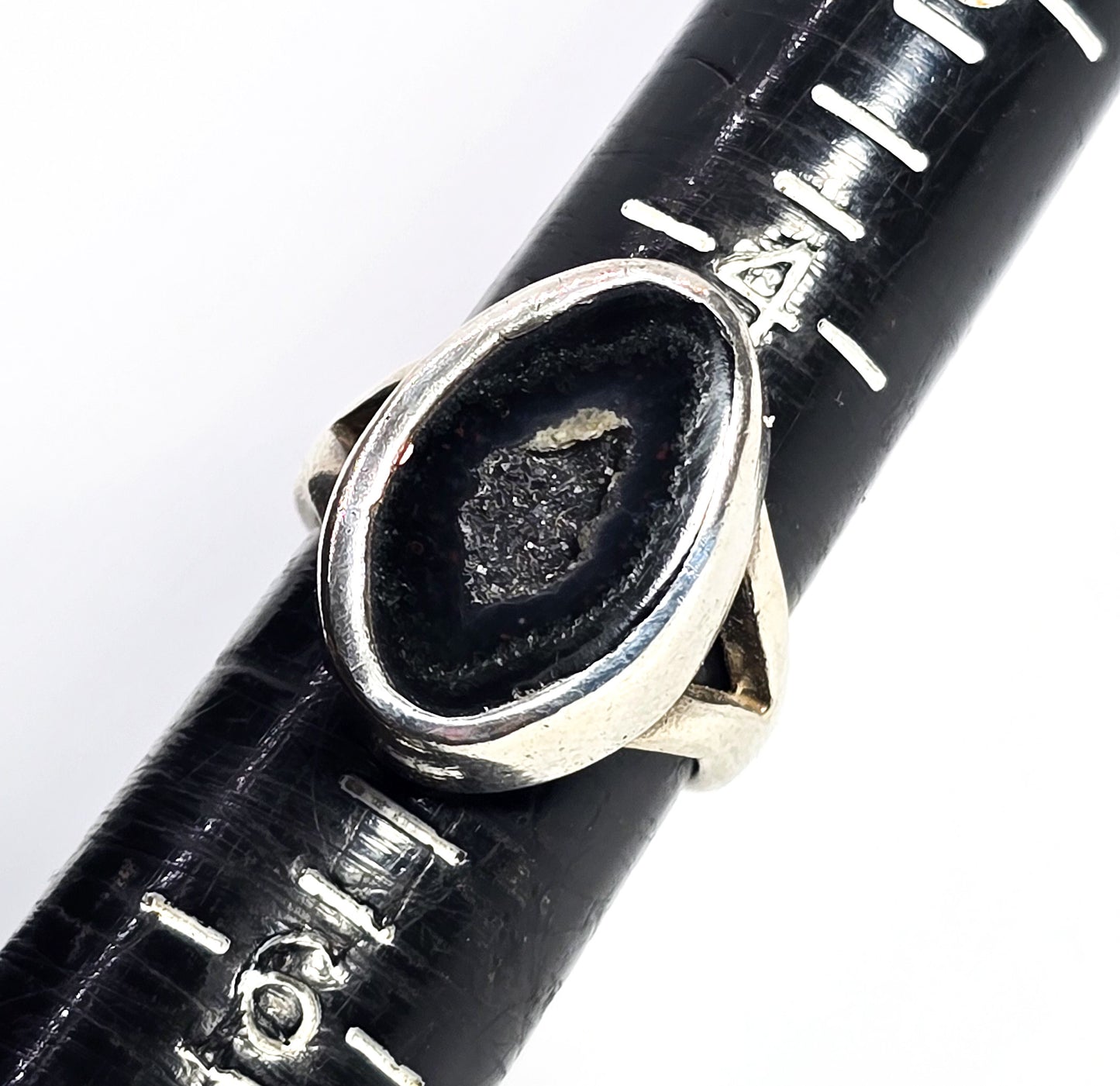 Tabasco geode black druzy red CVM vintage split shank sterling silver ring size 5