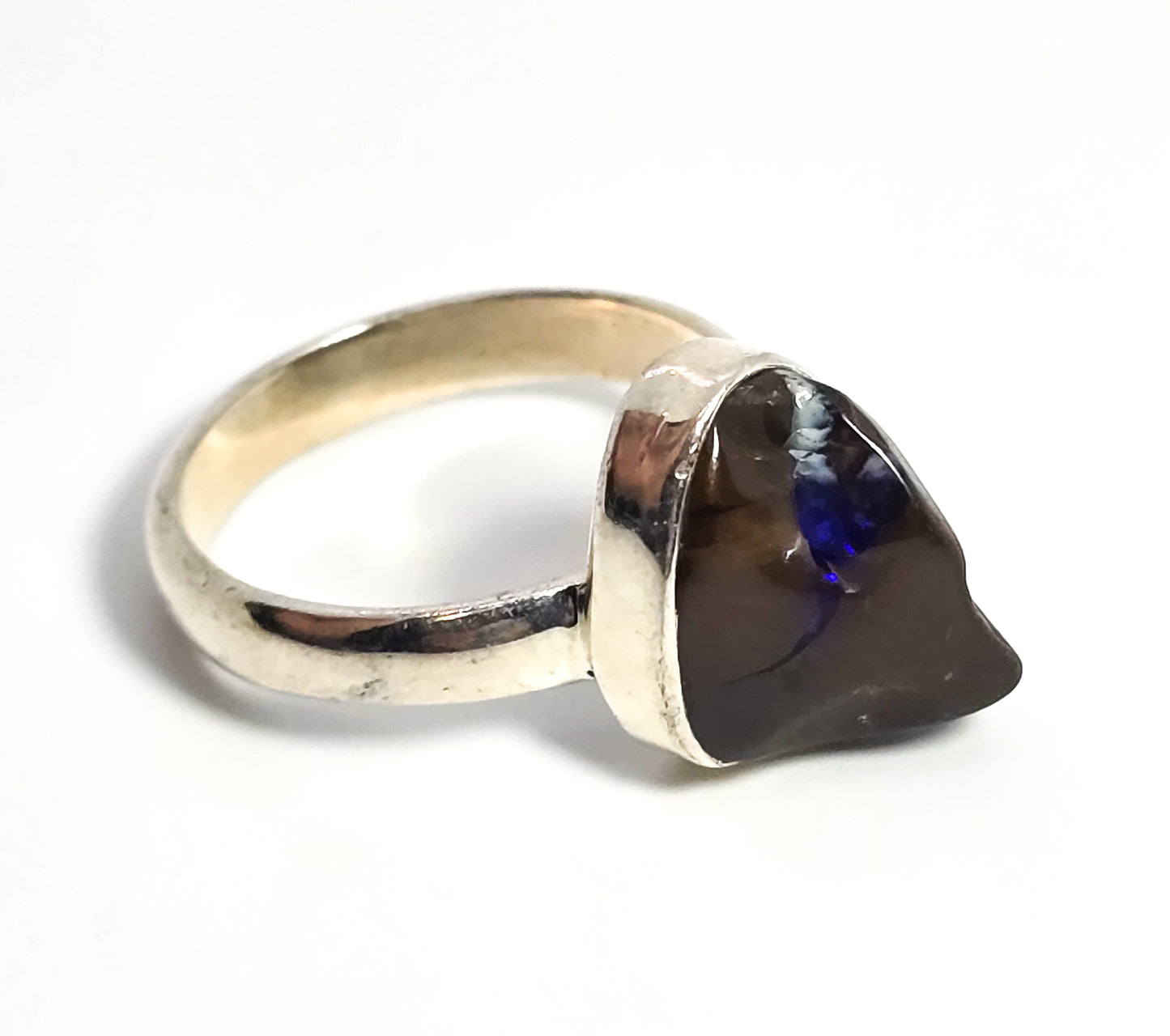 Boulder Opal tumbled natural artisan sterling silver ring size 7