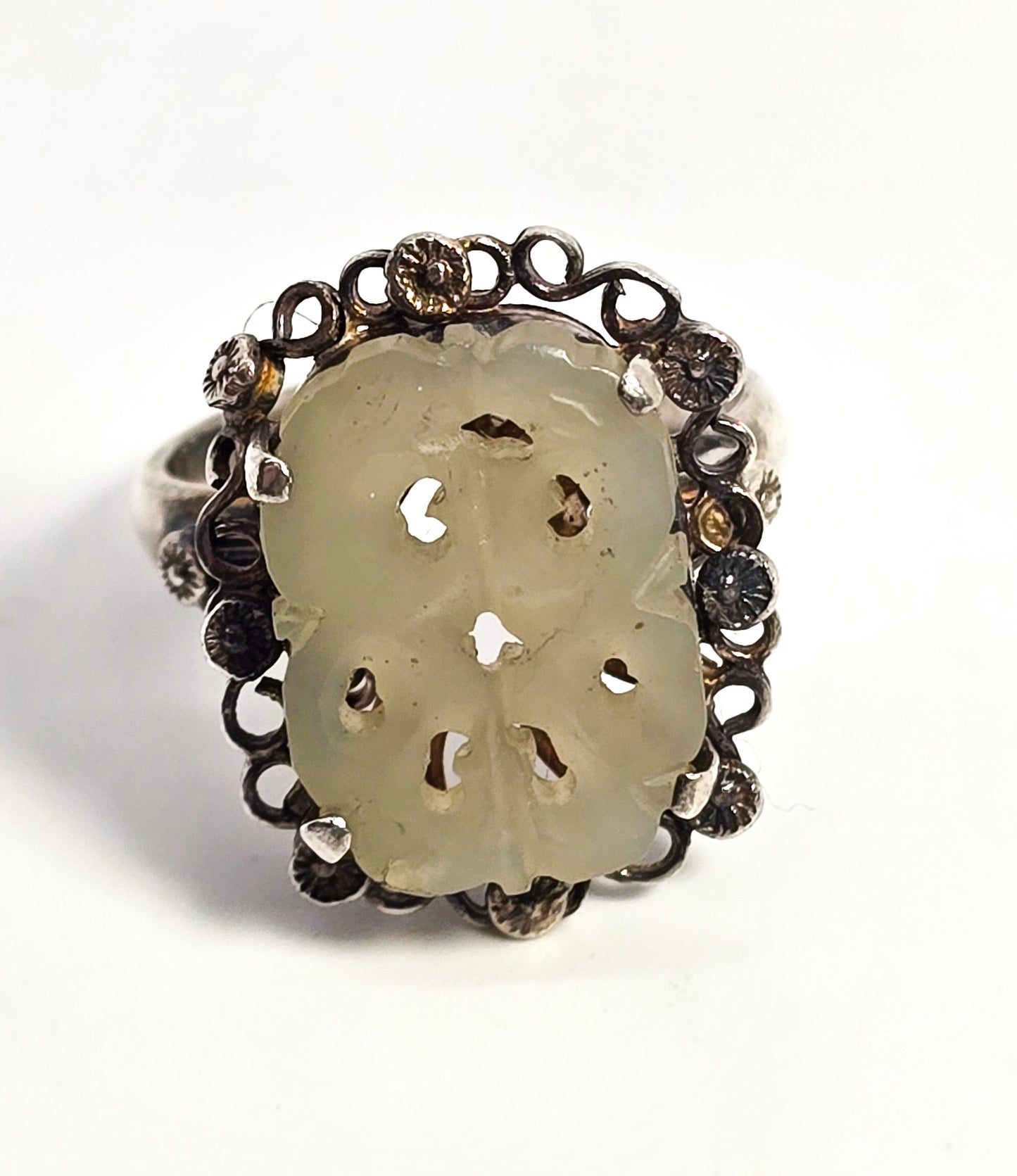 Carved Jade  Chinese Export antique sterling silver filigree adjustable ring size 7