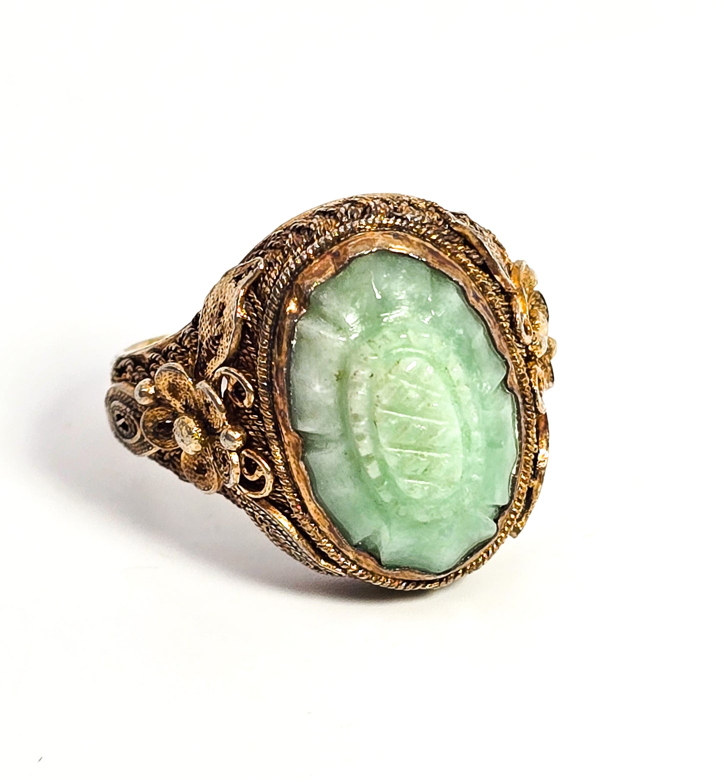 Carved Jade Lotus flower Chinese Export antique vermeil sterling silver filigree ring size 8