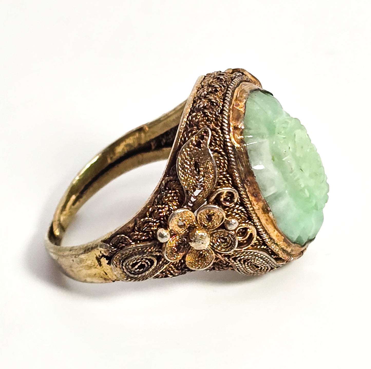 Carved Jade Lotus flower Chinese Export antique vermeil sterling silver filigree ring size 8