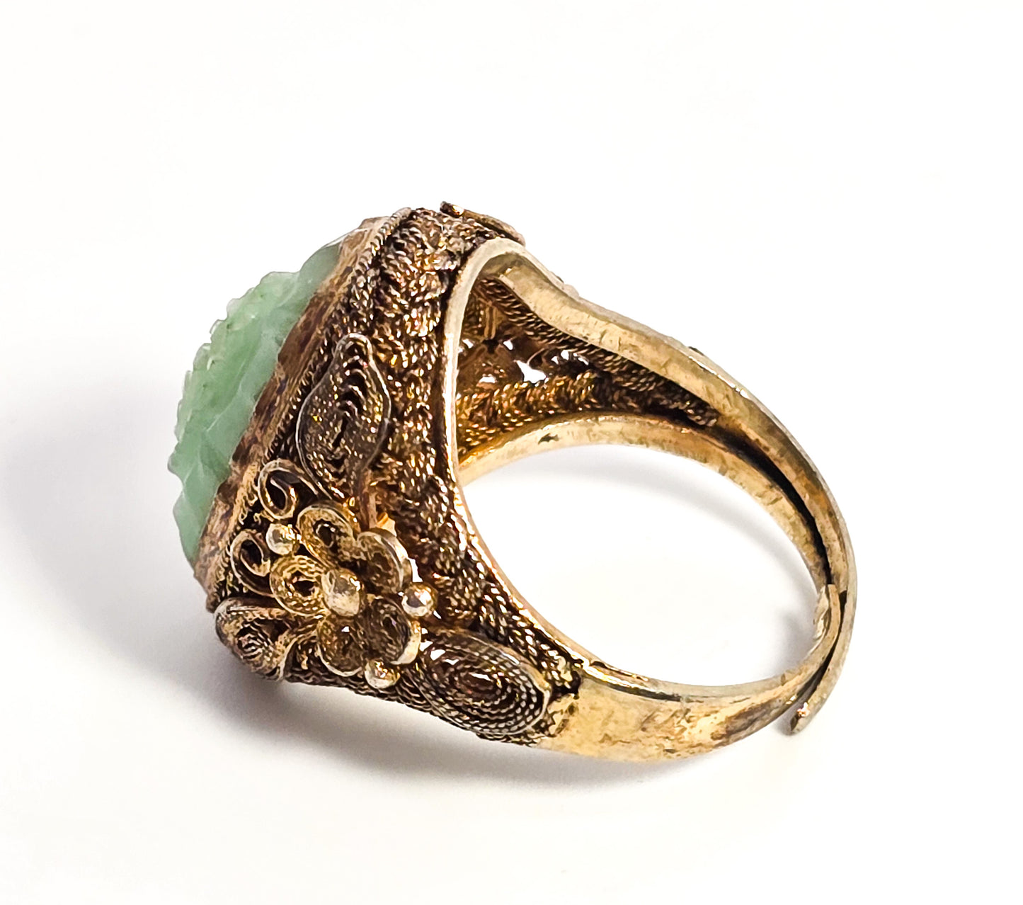 Carved Jade Lotus flower Chinese Export antique vermeil sterling silver filigree ring size 8