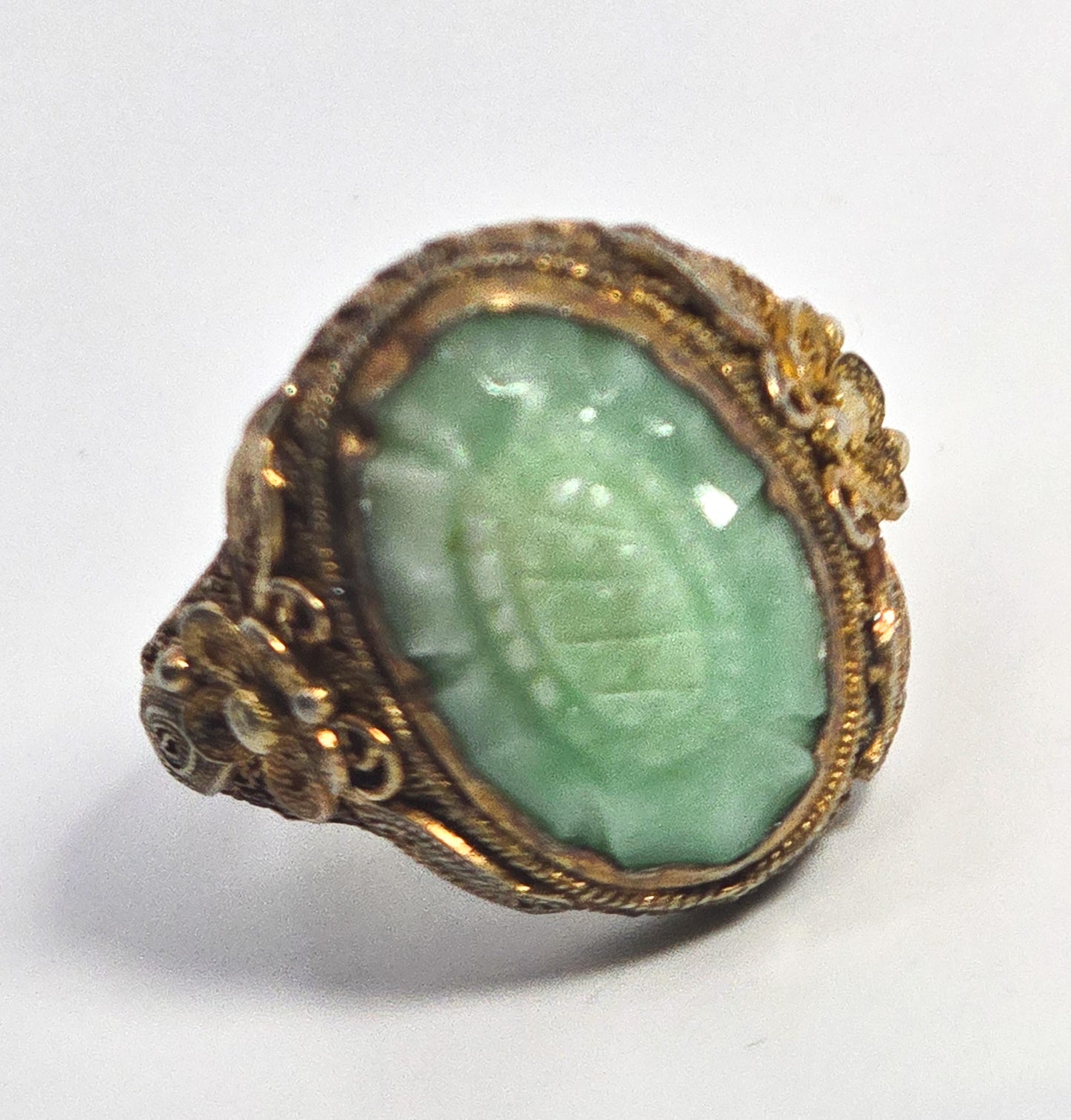 Carved Jade Lotus flower Chinese Export antique vermeil sterling silver filigree ring size 8