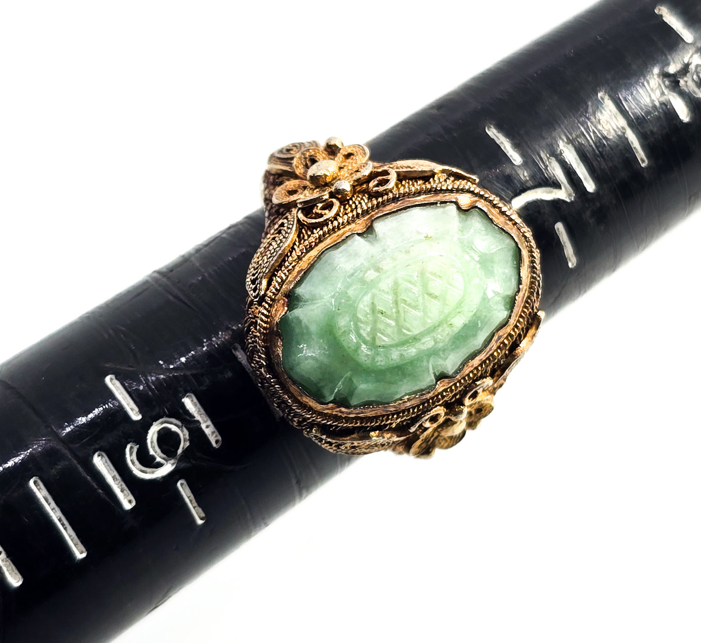 Carved Jade Lotus flower Chinese Export antique vermeil sterling silver filigree ring size 8