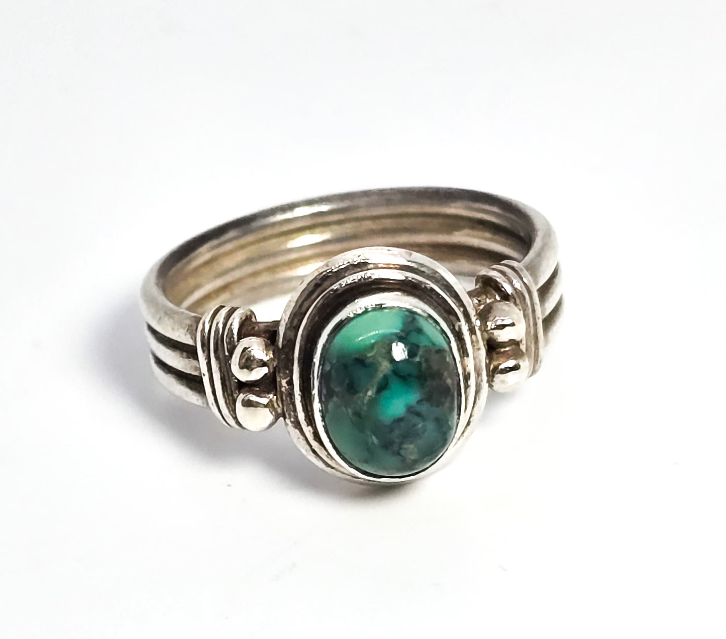 Turquoise sterling silver triple banded bezel set gemstone ring size 6.5