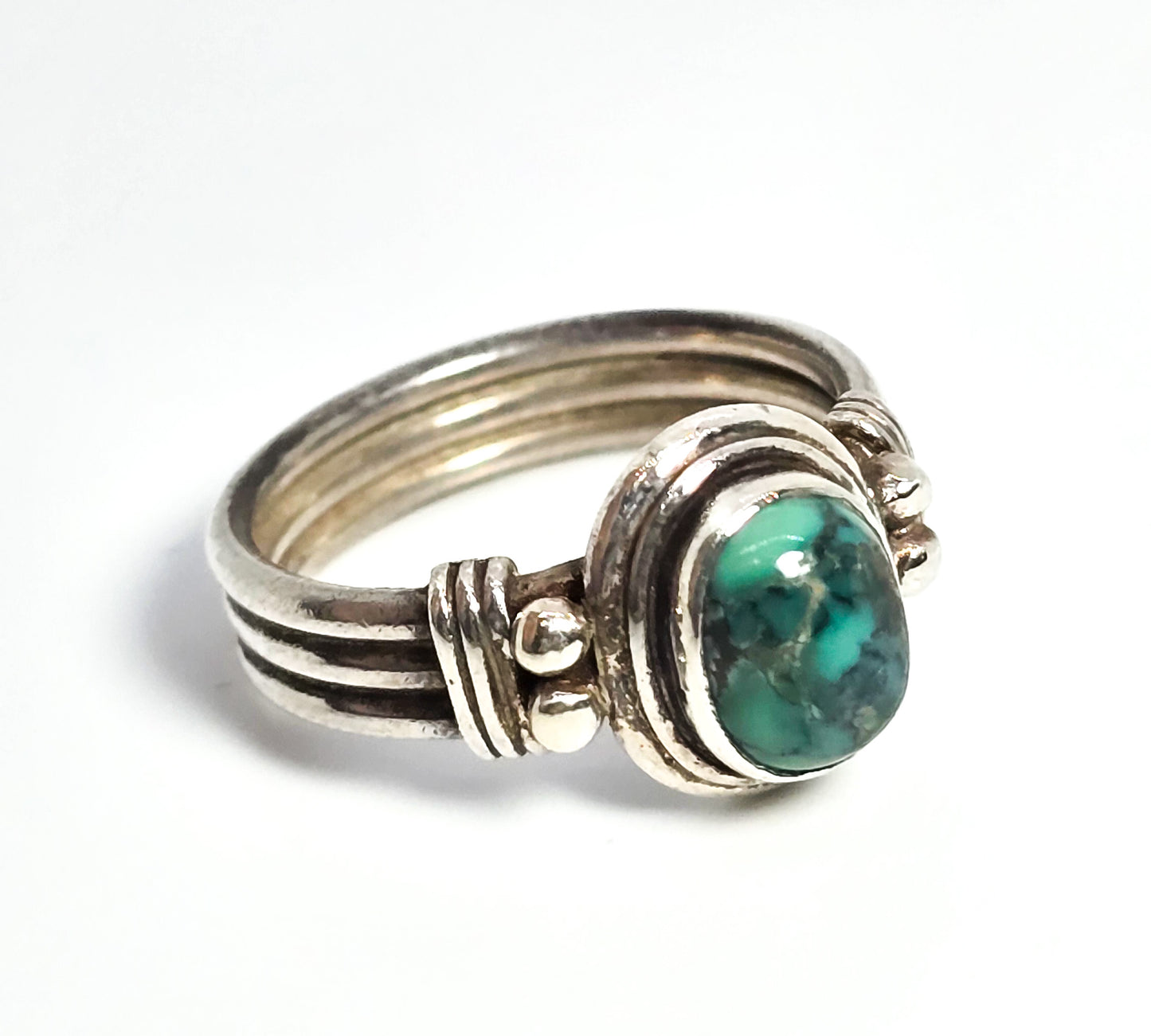 Turquoise sterling silver triple banded bezel set gemstone ring size 6.5