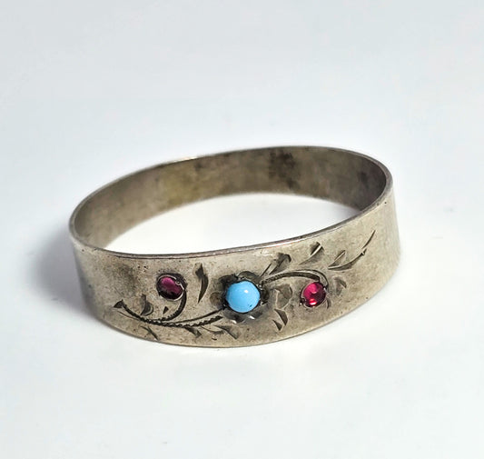 Victorian Forget me knot ruby and turquoise vintage 800 sterling silver ring size 12