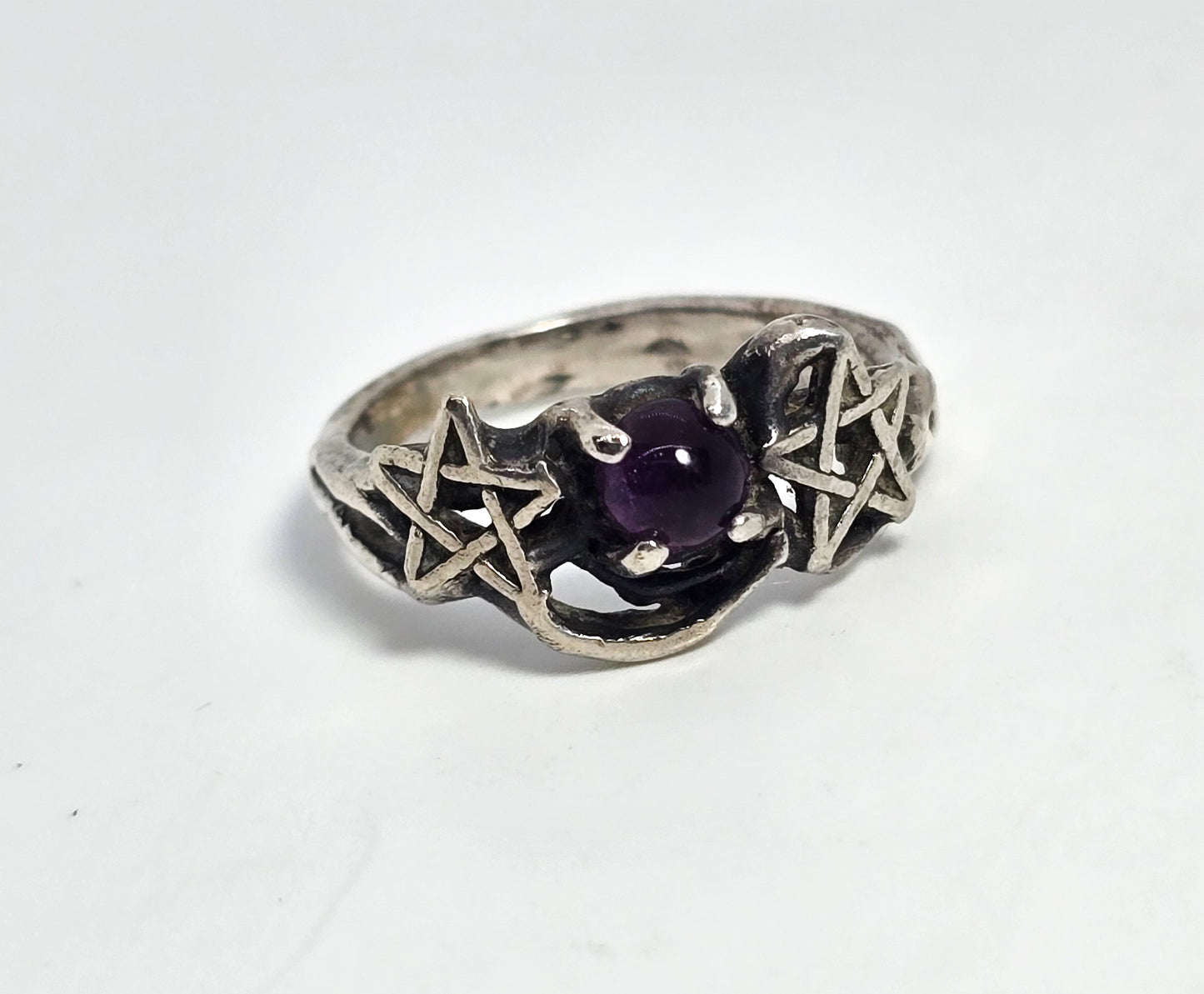 Double pentacle vintage sterling silver retro purple amethyst ring size 7.5