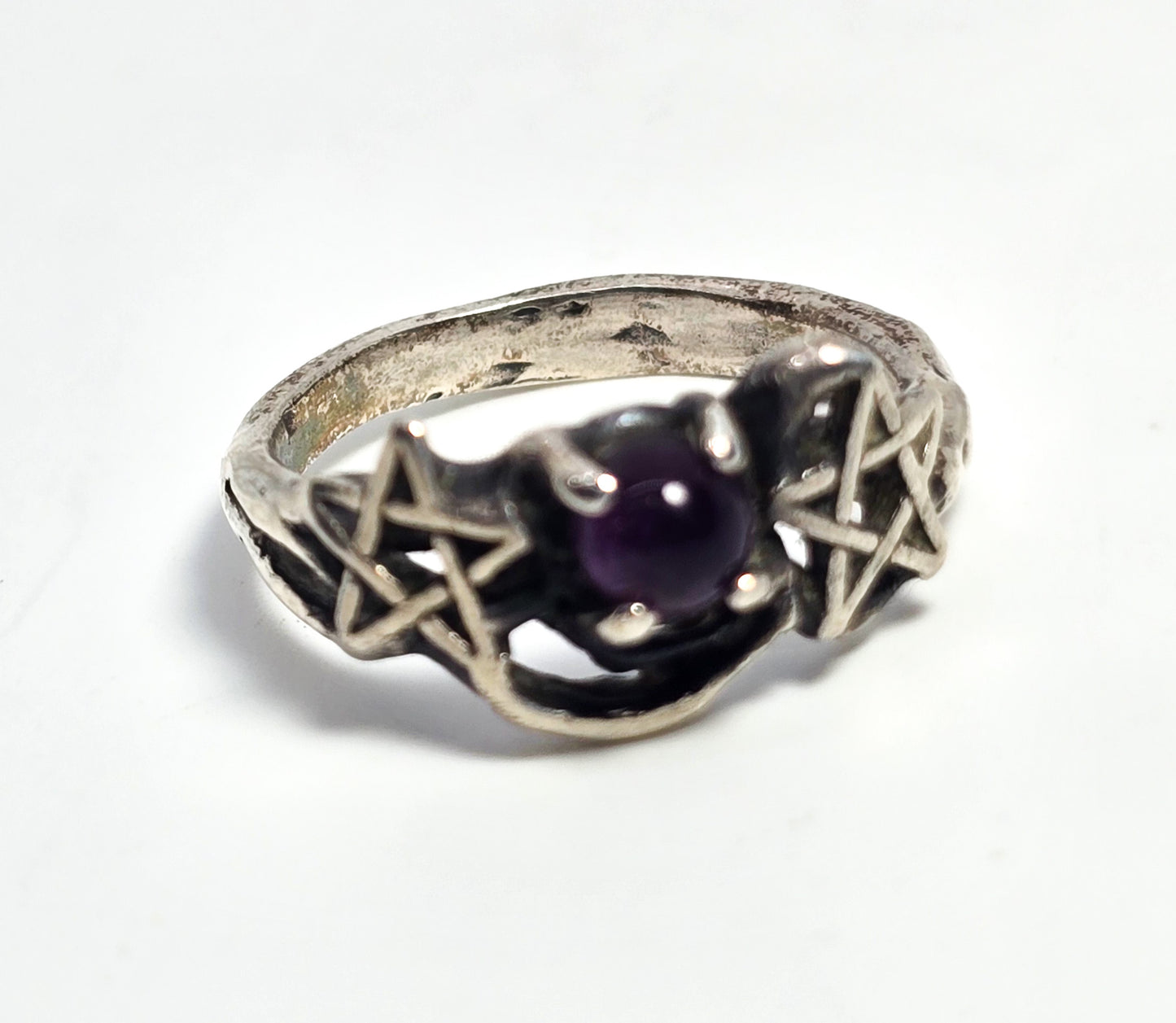 Double pentacle vintage sterling silver retro purple amethyst ring size 7.5