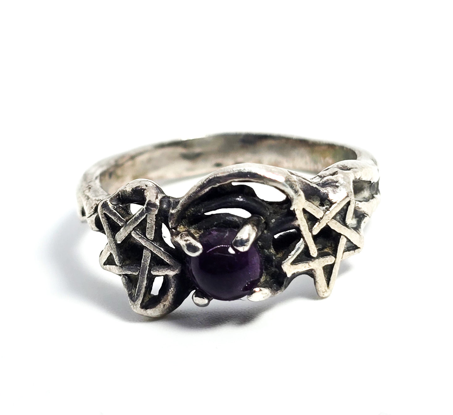 Double pentacle vintage sterling silver retro purple amethyst ring size 7.5