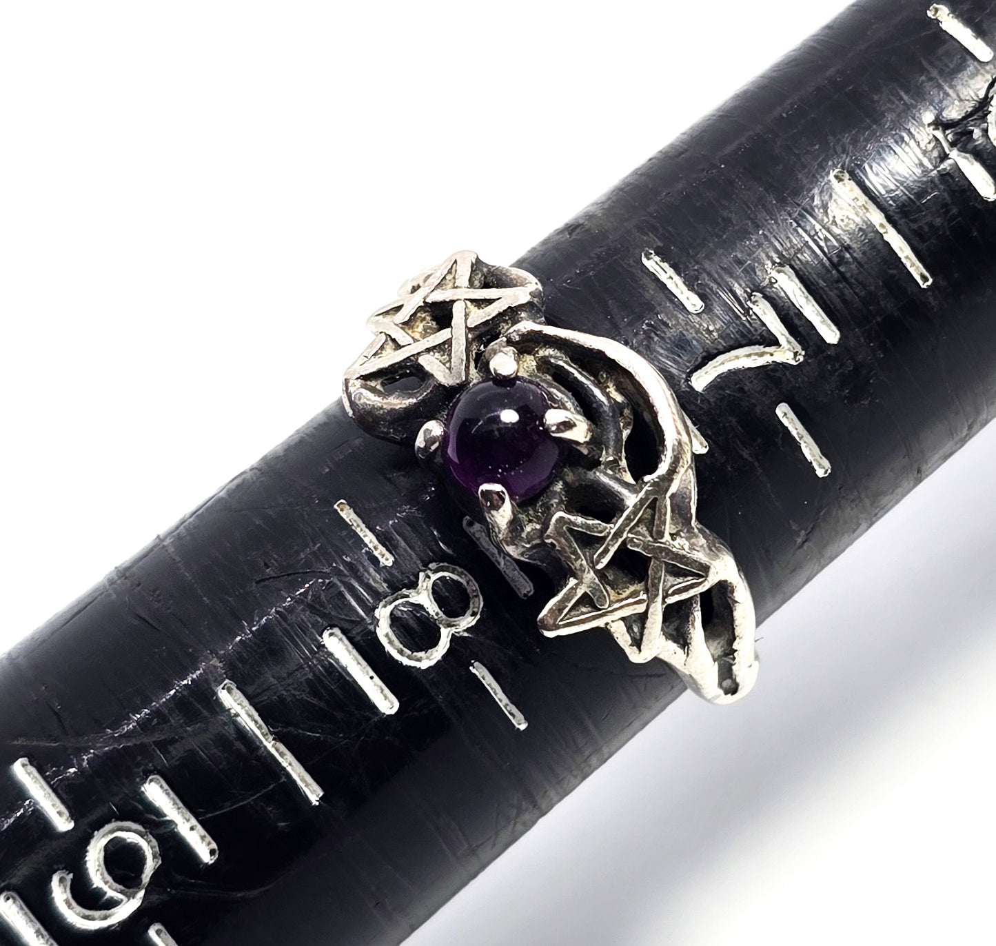 Double pentacle vintage sterling silver retro purple amethyst ring size 7.5