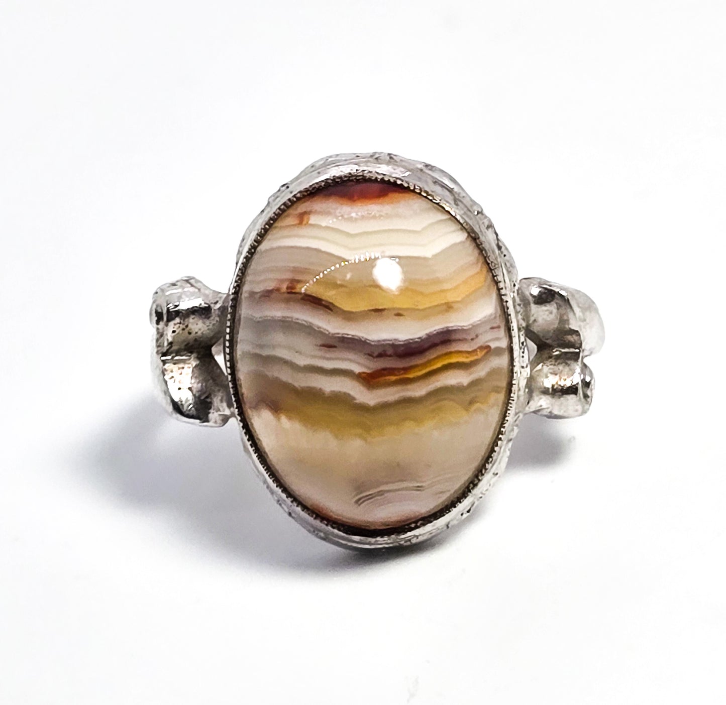 Clark and Coombs Banded Lace Agate Art Deco vintage sterling silver ring size 6.5