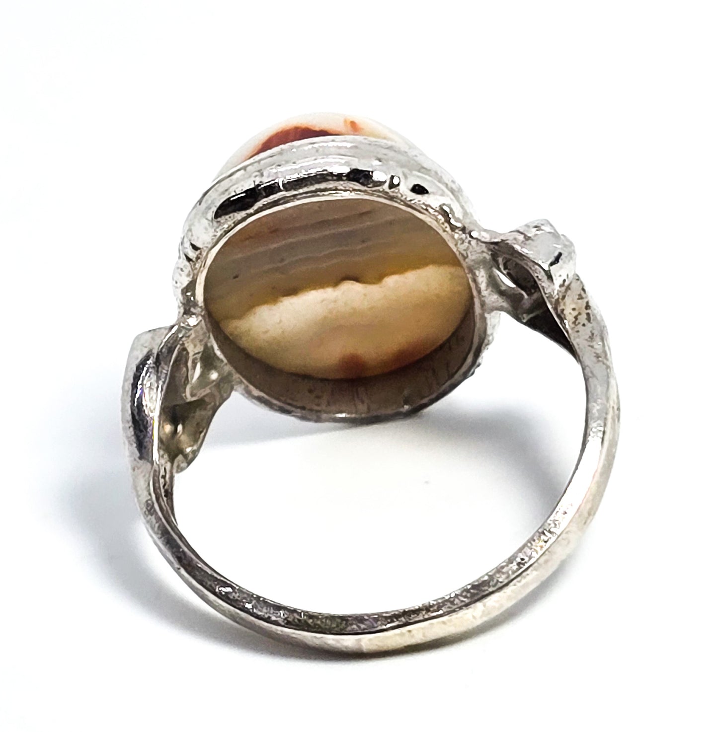 Clark and Coombs Banded Lace Agate Art Deco vintage sterling silver ring size 6.5