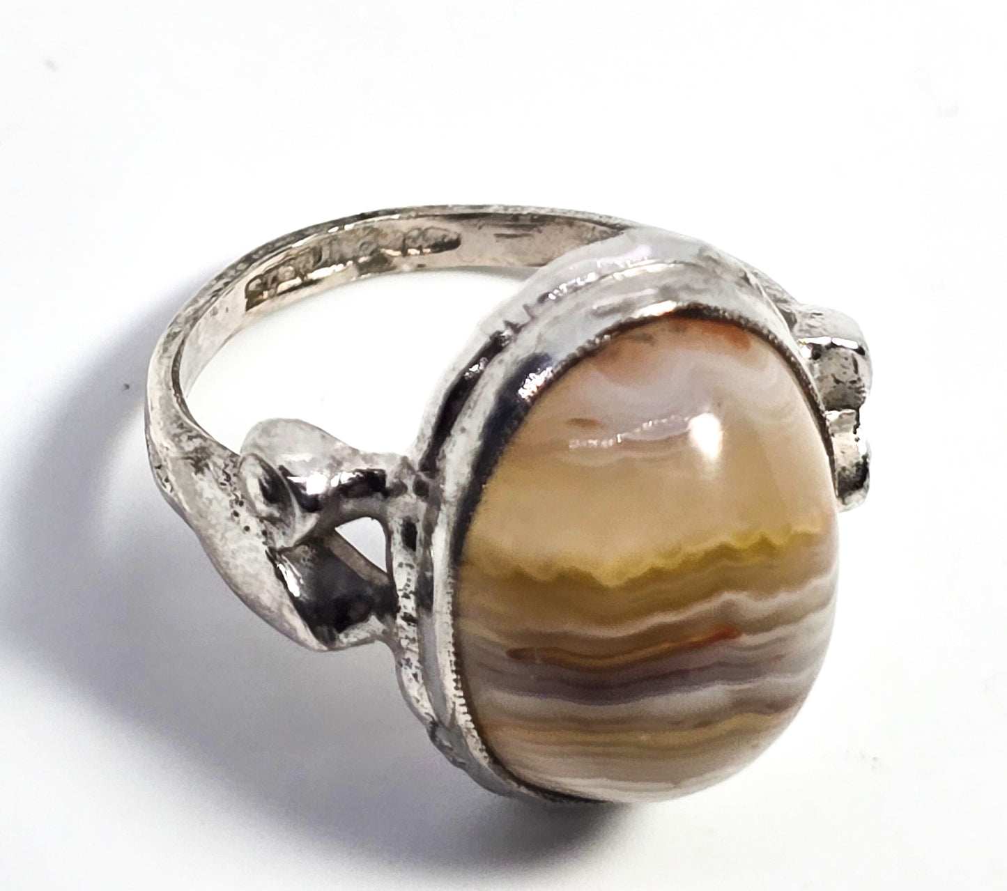 Clark and Coombs Banded Lace Agate Art Deco vintage sterling silver ring size 6.5