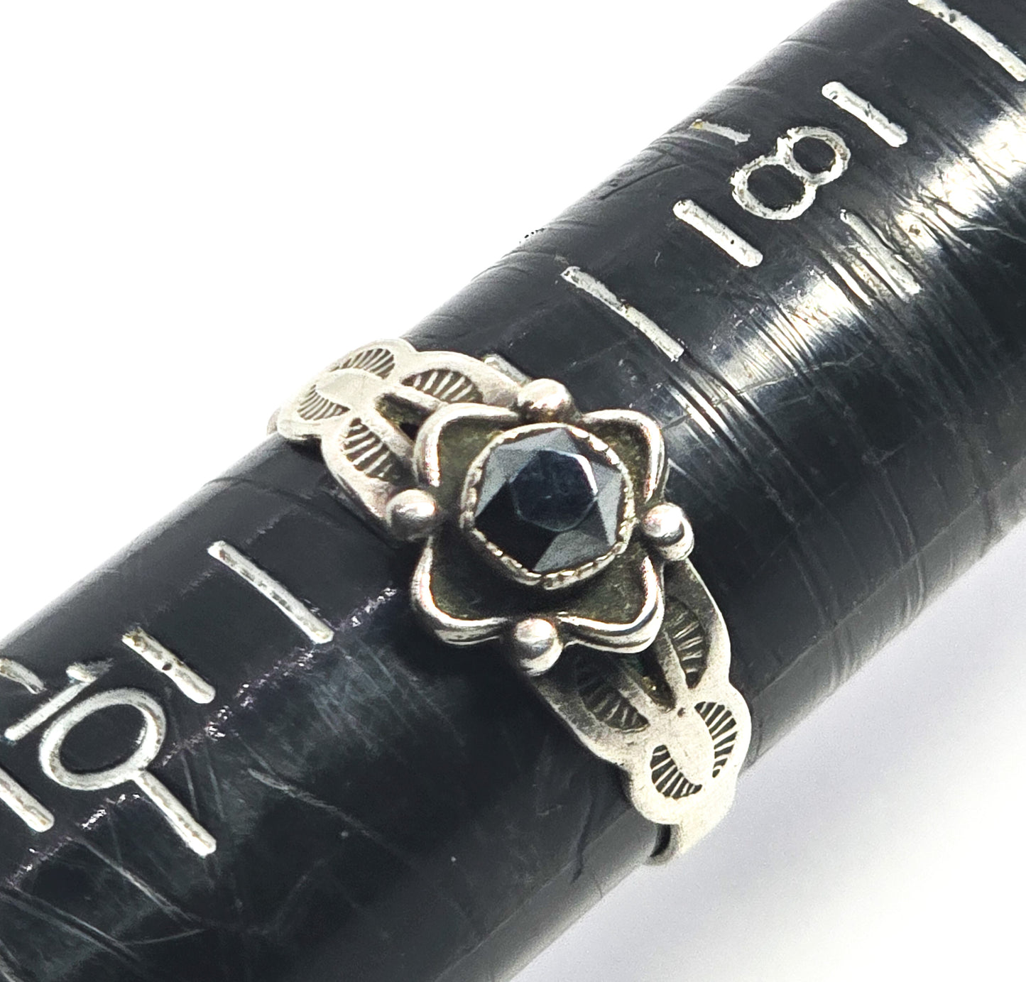 Faceted Hematite vintage Southwestern stamped sterling silver ring size 9