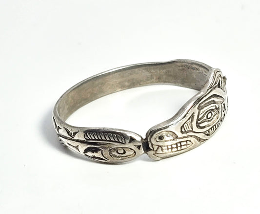 MAG Pacific Northwest tribal wolf etched vintage sterling silver ring size 12