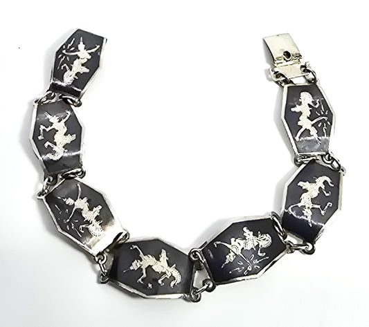 Siam Black Nielloware enamel Mekkala lightening goddess vintage sterling silver bracelet CS