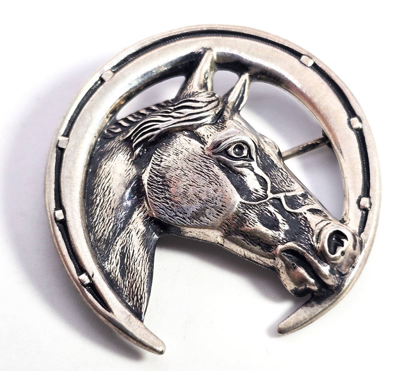 Beau sterling horse shoe figural horse repose vintage sterling silver brooch