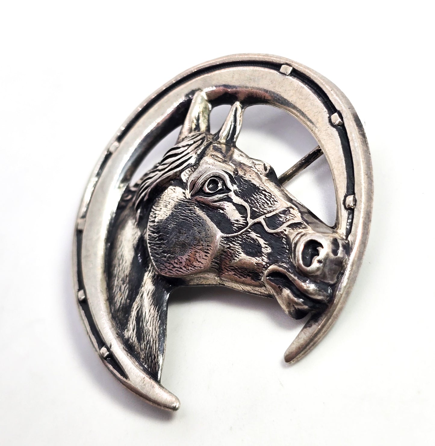 Beau sterling horse shoe figural horse repose vintage sterling silver brooch