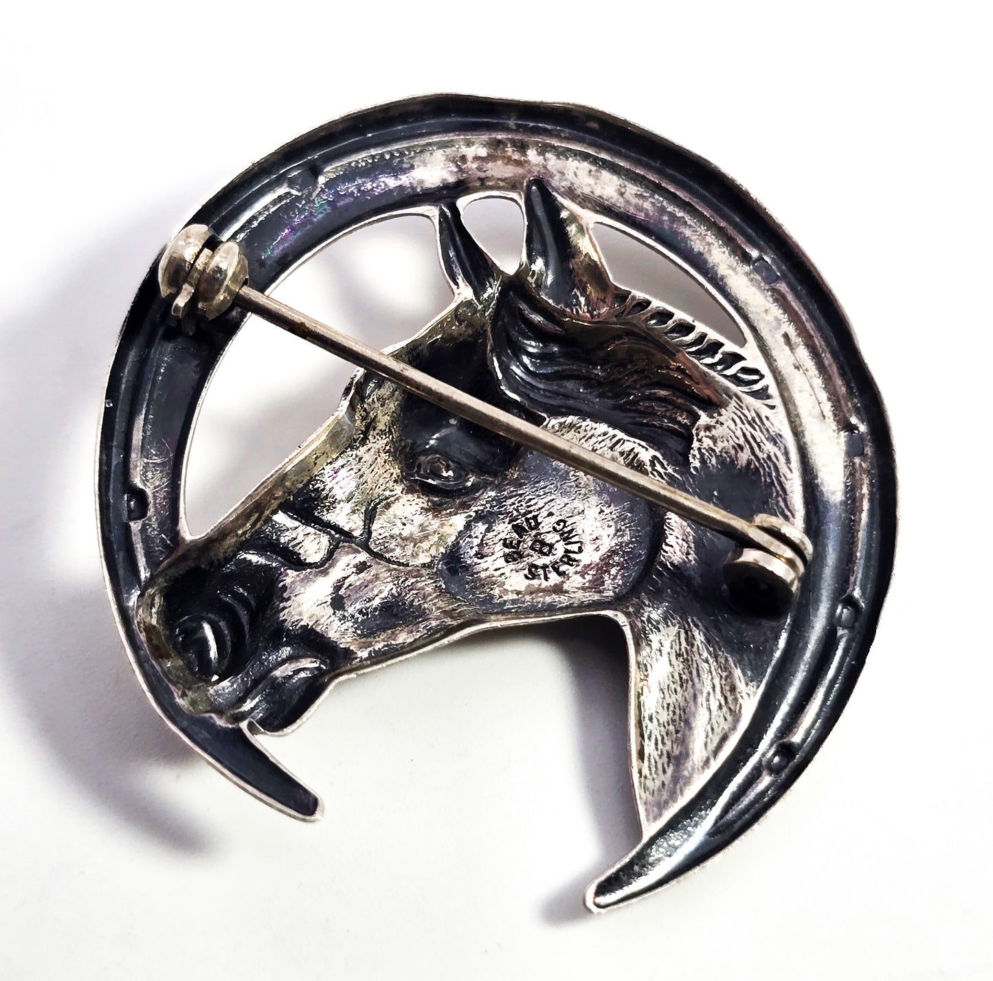 Beau sterling horse shoe figural horse repose vintage sterling silver brooch