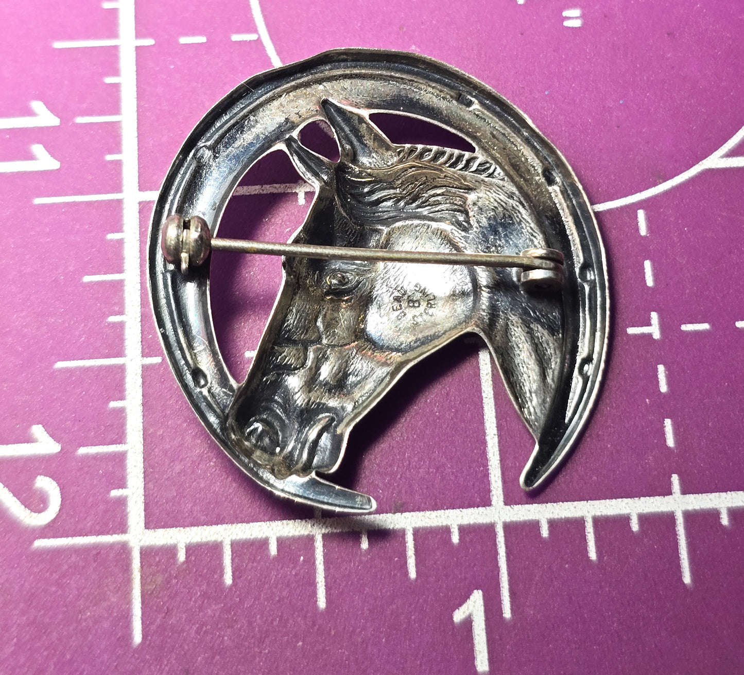 Beau sterling horse shoe figural horse repose vintage sterling silver brooch