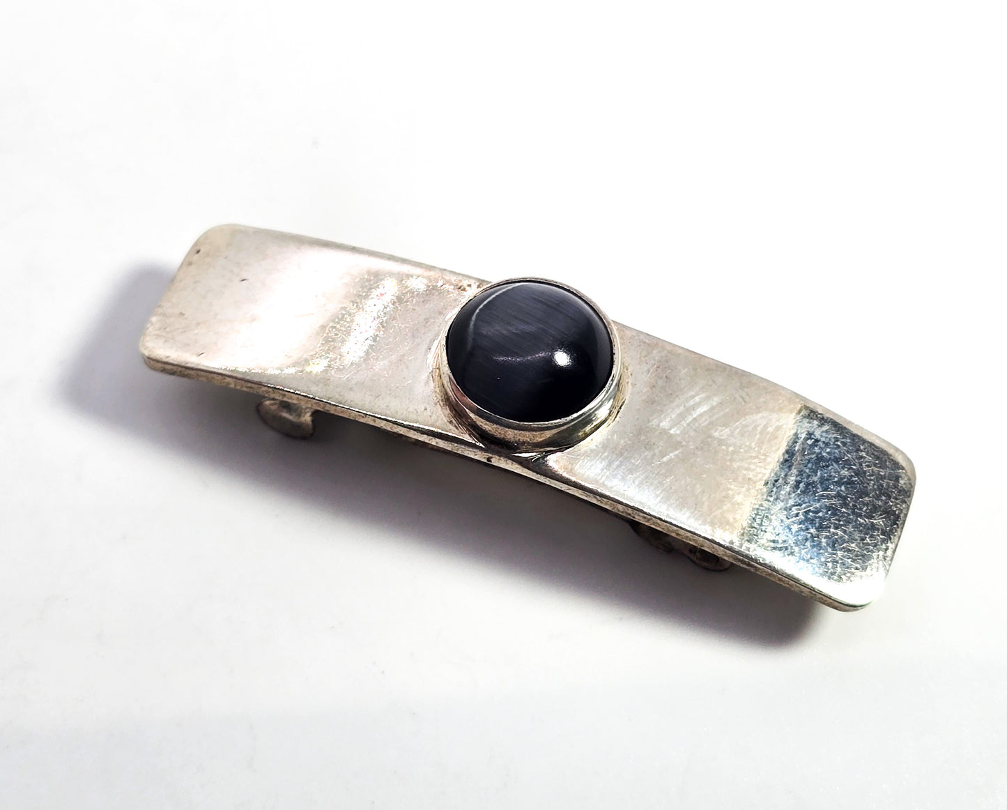 Mexican Cat's eye gemstone vintage sterling silver stamped hair clip barrette