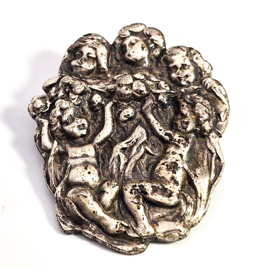 Art Nouveau style cherub Putti angel antique vintage pewter casted brooch