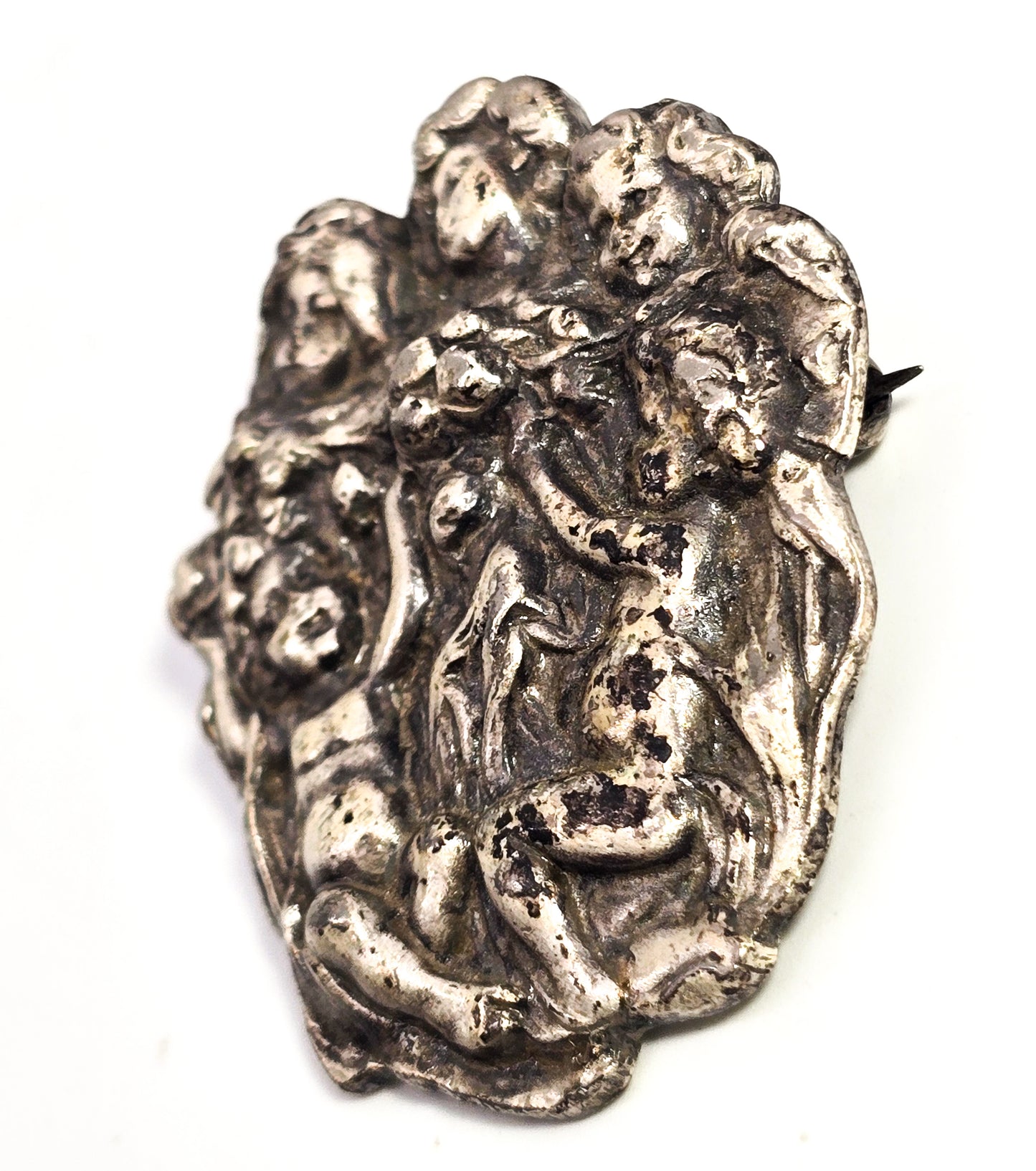 Art Nouveau style cherub Putti angel antique vintage pewter casted brooch