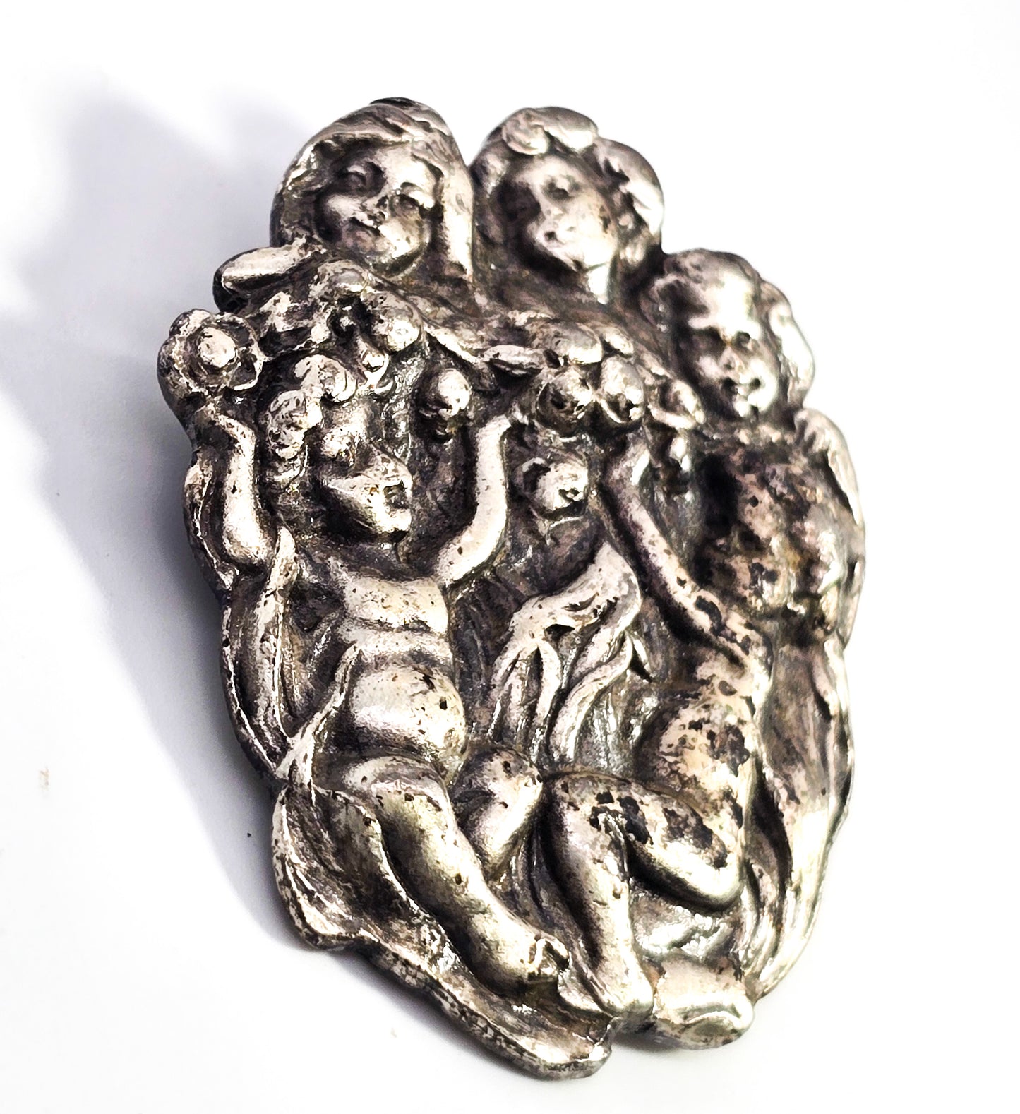 Art Nouveau style cherub Putti angel antique vintage pewter casted brooch