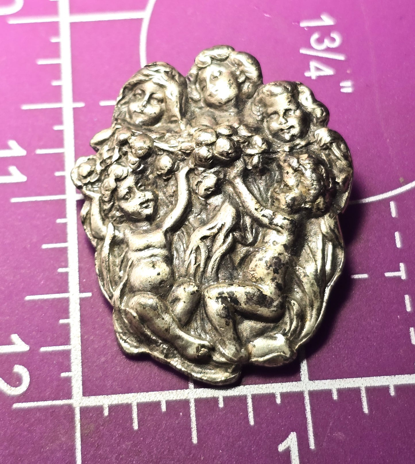 Art Nouveau style cherub Putti angel antique vintage pewter casted brooch