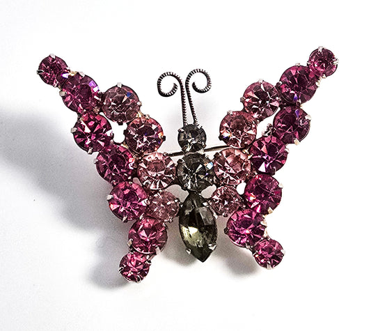 Juliana DeLizza and Elster verified pink rhinestone vintage butterfly brooch