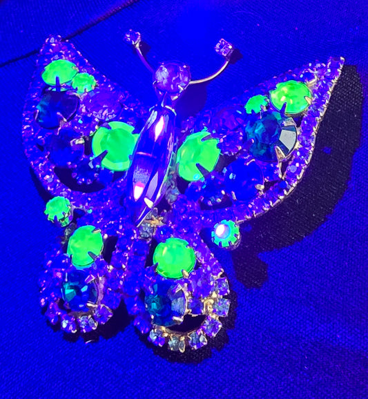 Juliana DeLizza & Elster Uranium glass verified vintage rhinestone butterfly brooch