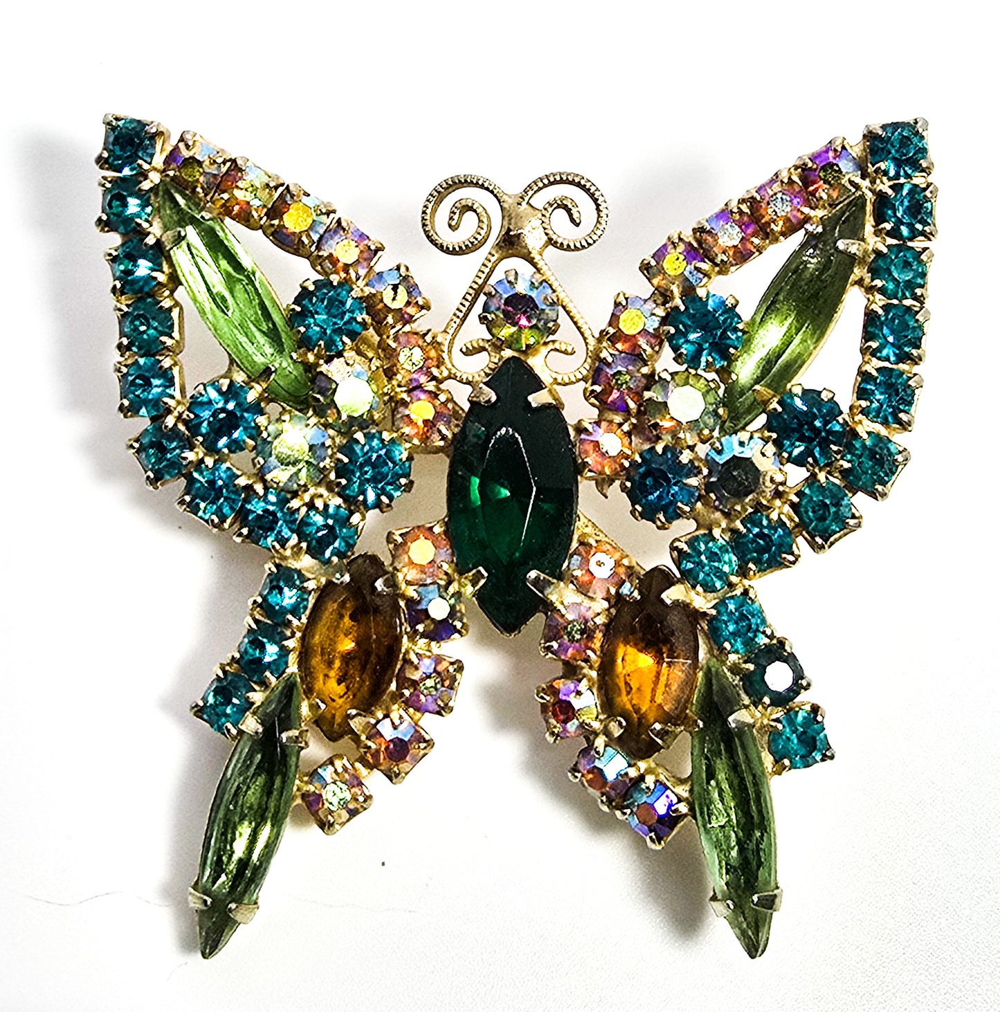 Juliana DeLizza & Elster vintage AB green orange rhinestone butterfly brooch