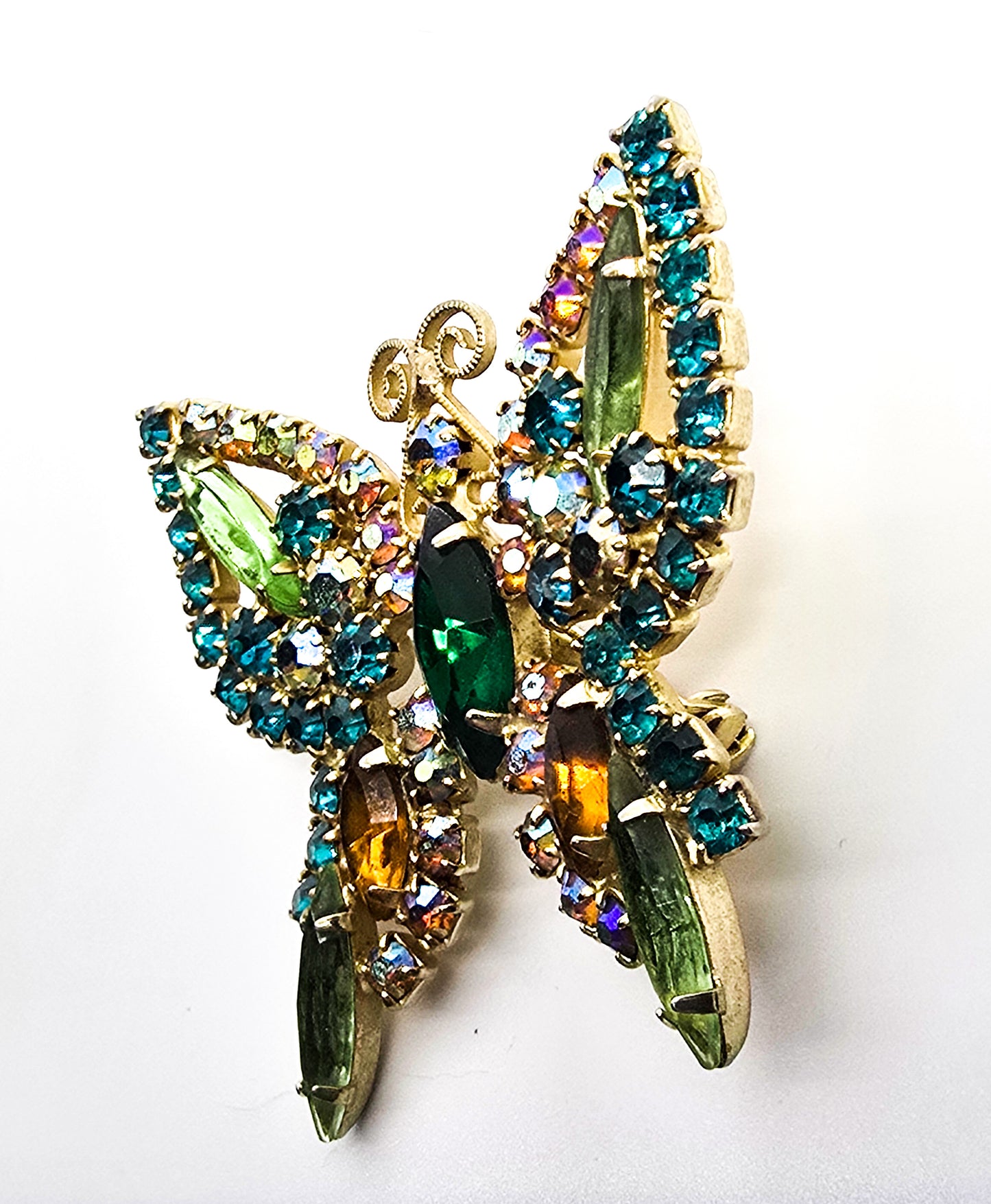 Juliana DeLizza & Elster Uranium glass verified vintage rhinestone butterfly brooch