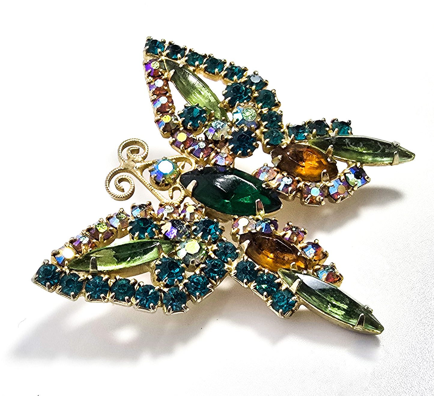 Juliana DeLizza & Elster Uranium glass verified vintage rhinestone butterfly brooch