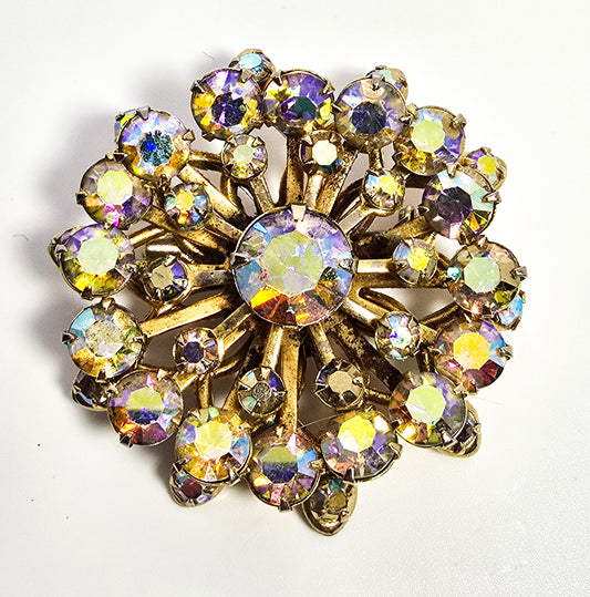 Golden Rainbow Aurora Borealis stacked mid century vintage rhinestone scatter brooch