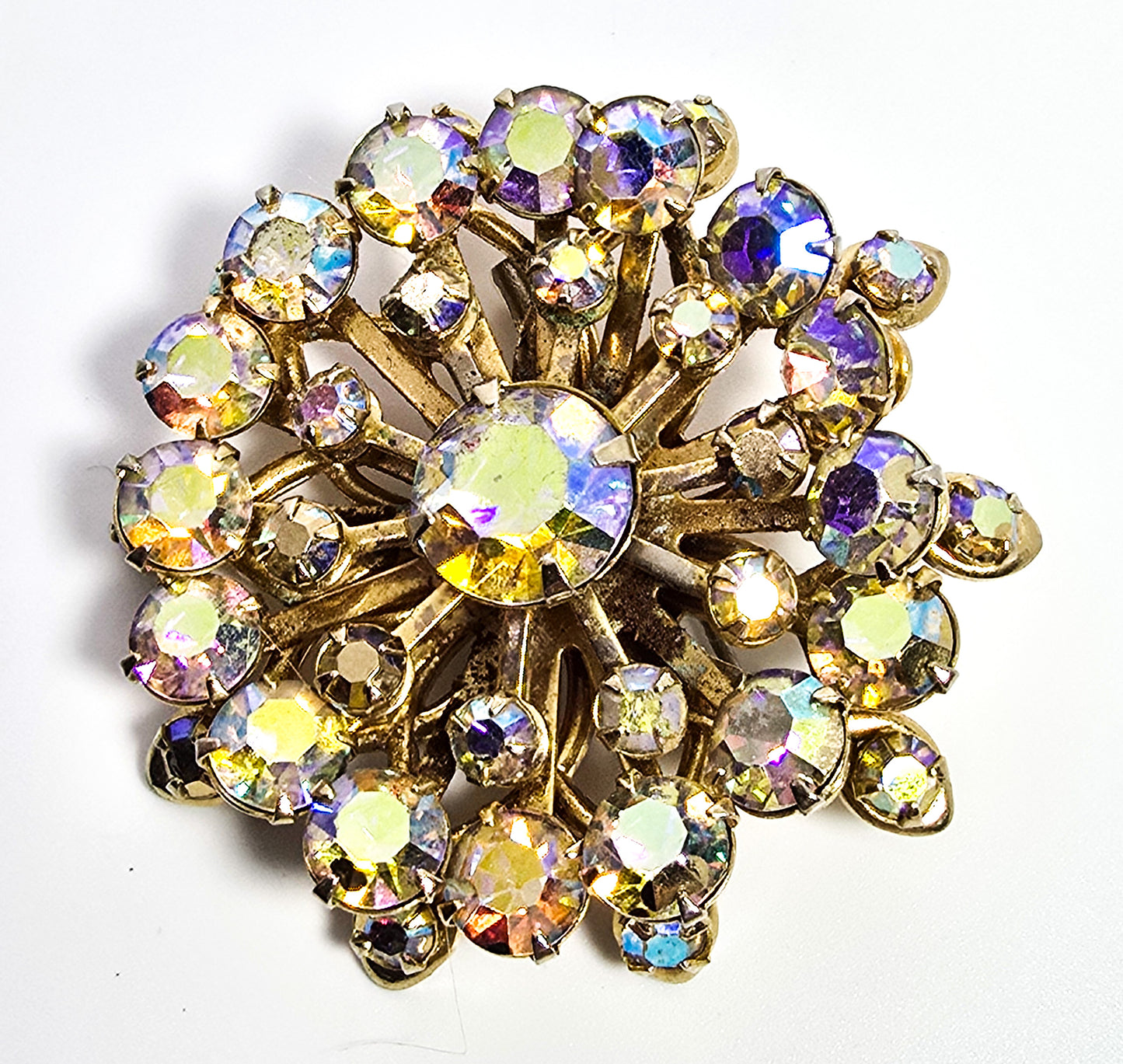 Golden Rainbow Aurora Borealis stacked mid century vintage rhinestone scatter brooch